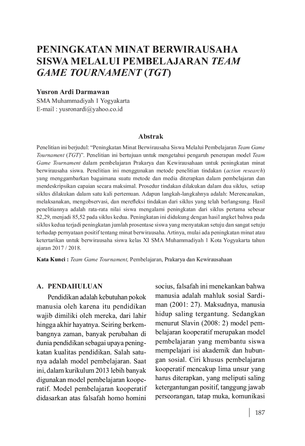 JURIS Peningkatan Minat Berwirausaha Siswa Melalui Pembelajaran Team Game Tournament TGT
