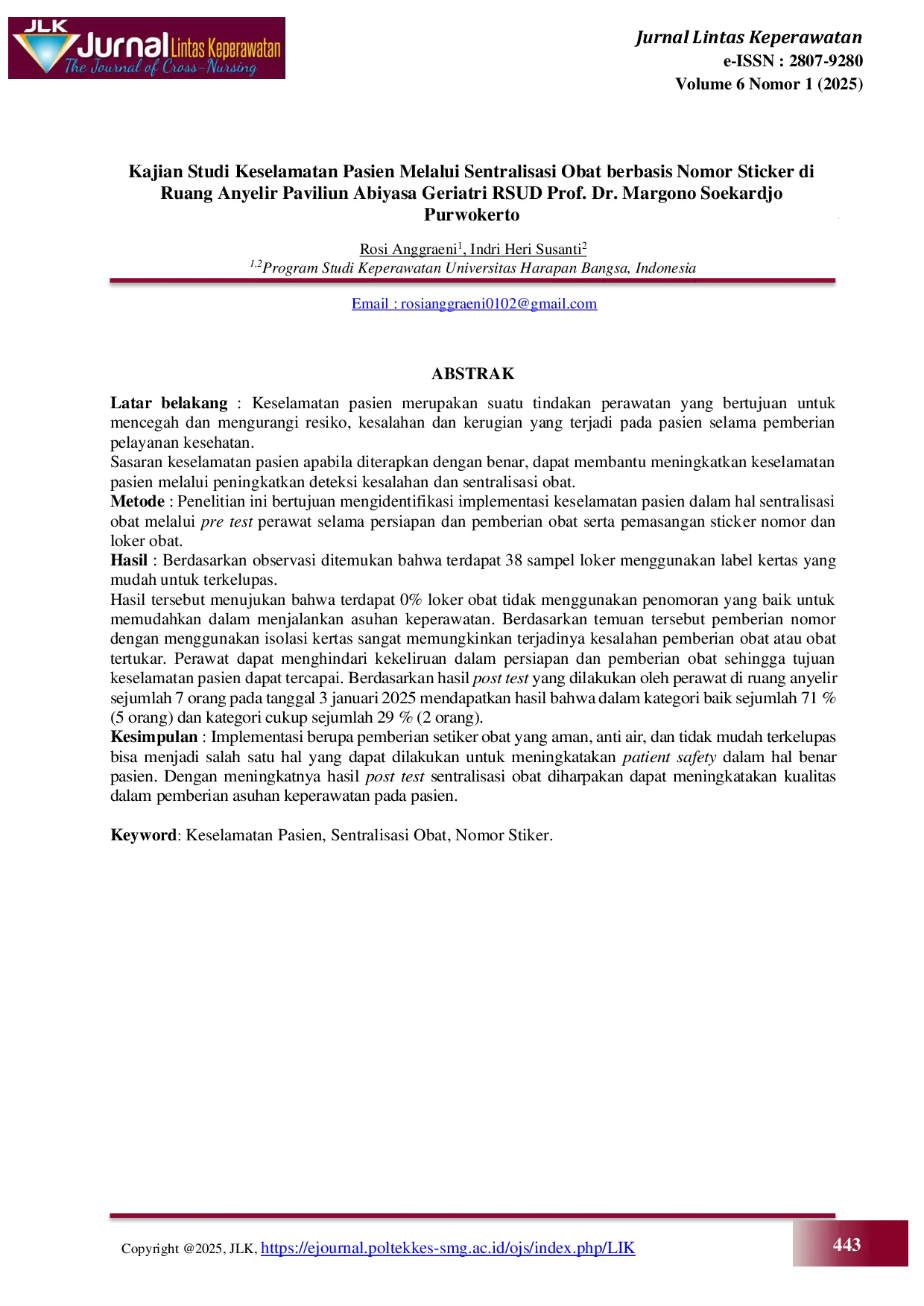 JURIS Kajian Studi Keselamatan Pasien Melalui Sentralisasi Obat berbasis Nomor Sticker di Ruang Anyelir Paviliun Abiyasa Geriatri RSUD Prof Dr Margono Soekardjo Purwokerto