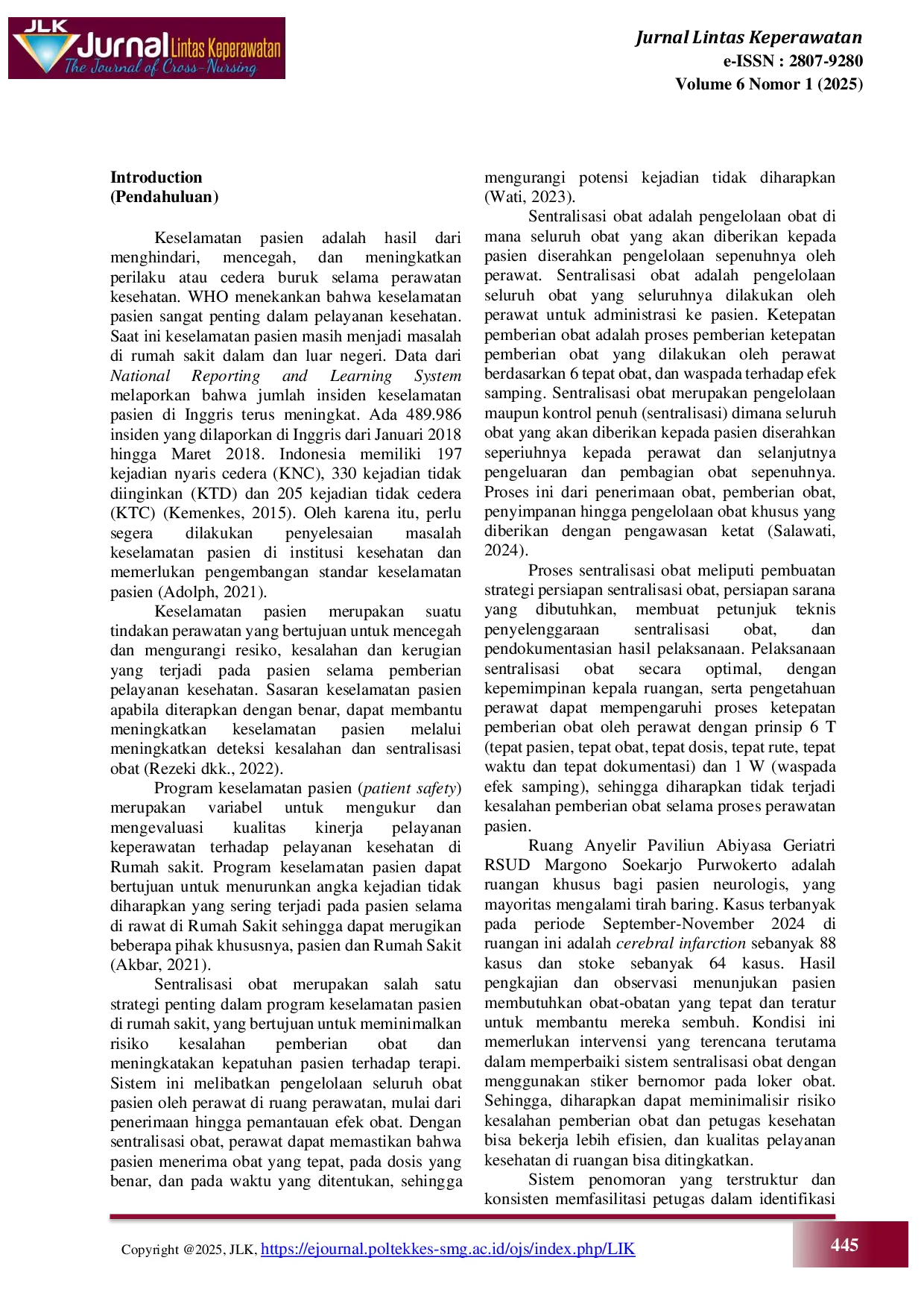 JURIS Kajian Studi Keselamatan Pasien Melalui Sentralisasi Obat berbasis Nomor Sticker di Ruang Anyelir Paviliun Abiyasa Geriatri RSUD Prof Dr Margono Soekardjo Purwokerto