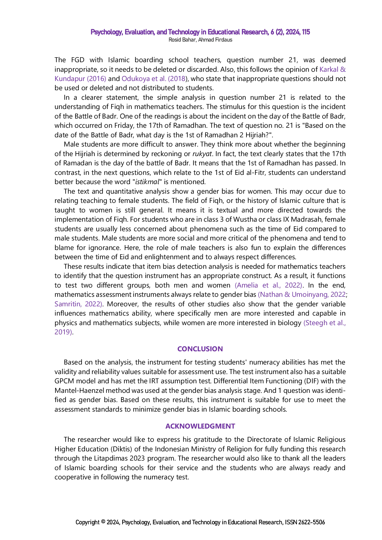 JURIS Analysis of numeracy skills in Islamic Boarding Schools Gender bias