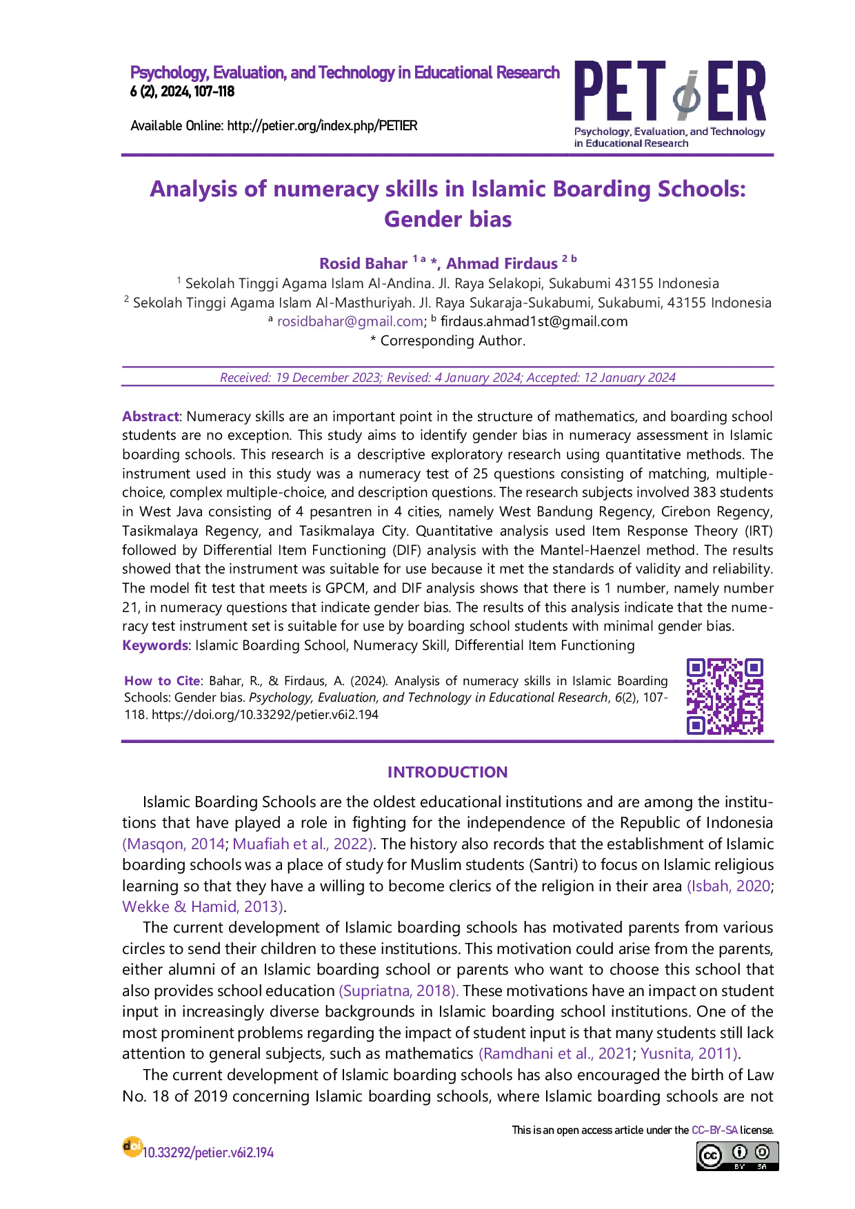 JURIS Analysis of numeracy skills in Islamic Boarding Schools Gender bias
