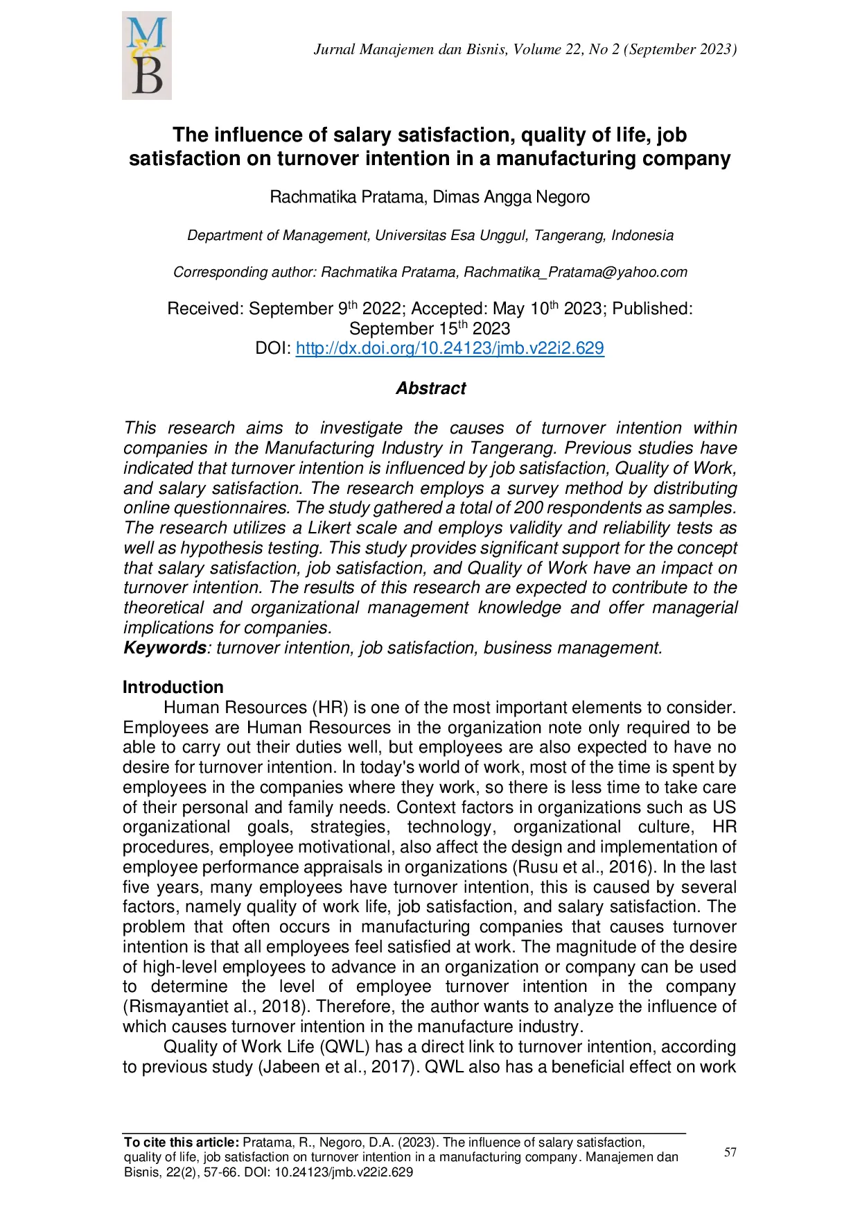 JURIS The Influence of Salary Satisfaction Quality of Life Job Satisfaction on Turnover Intention In Manufacturing