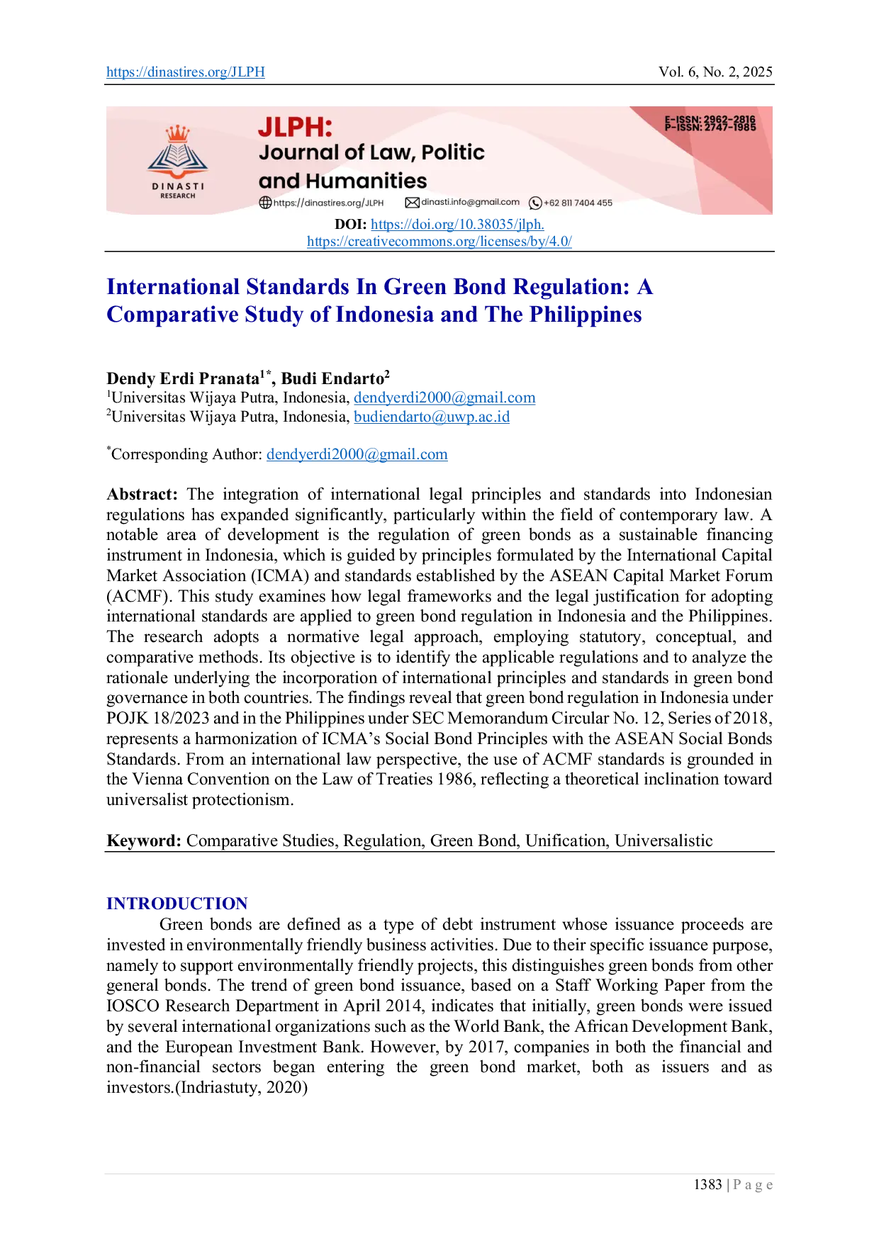 JURIS International Standards In Green Bond Regulation A Comparative Study of Indonesia and The Philippines