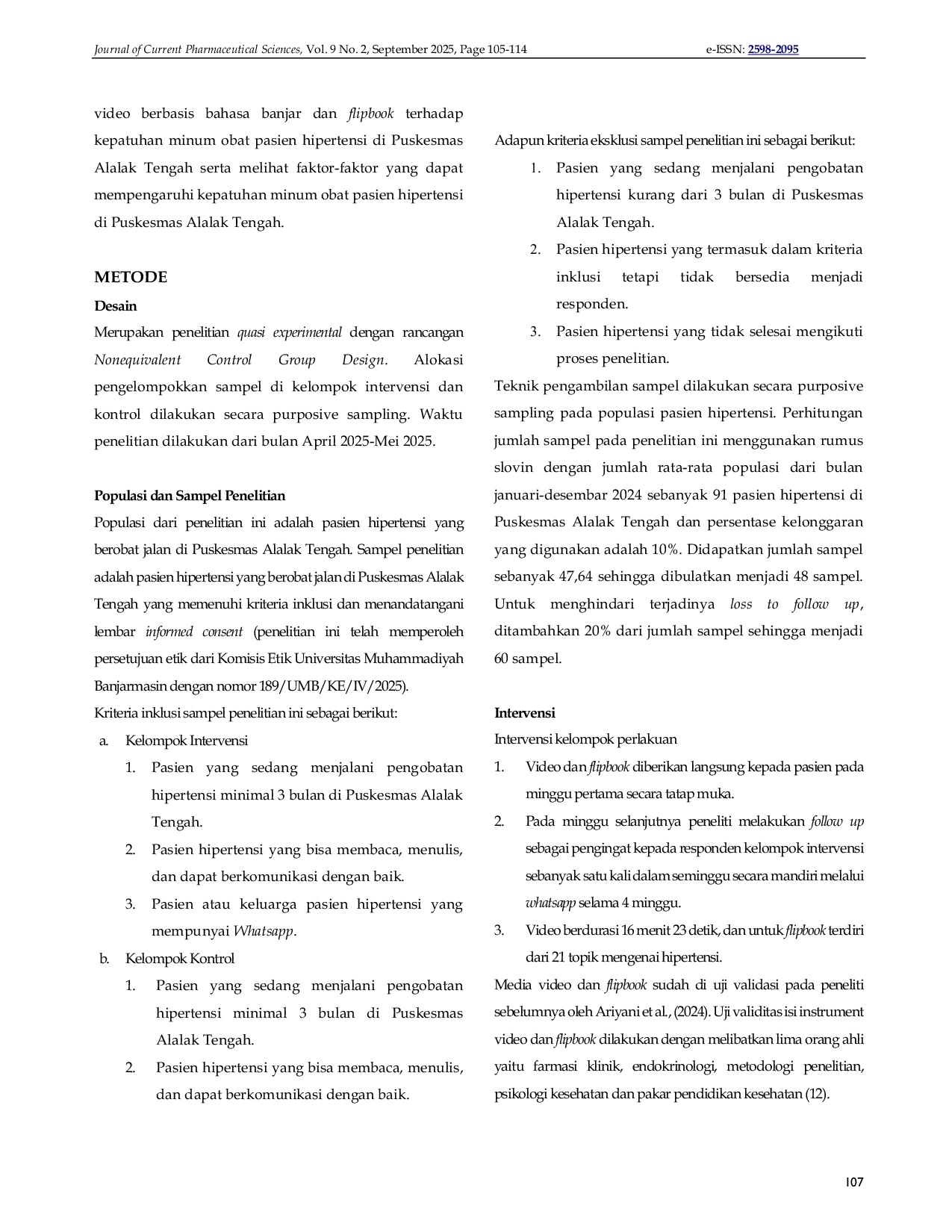 JURIS Pengaruh Pemberian Edukasi Video Berbasis Bahasa Banjar dan Flipbook Terhadap Kepatuhan Minum Obat Pasien Hipertensi di Puskesmas Alalak Tengah