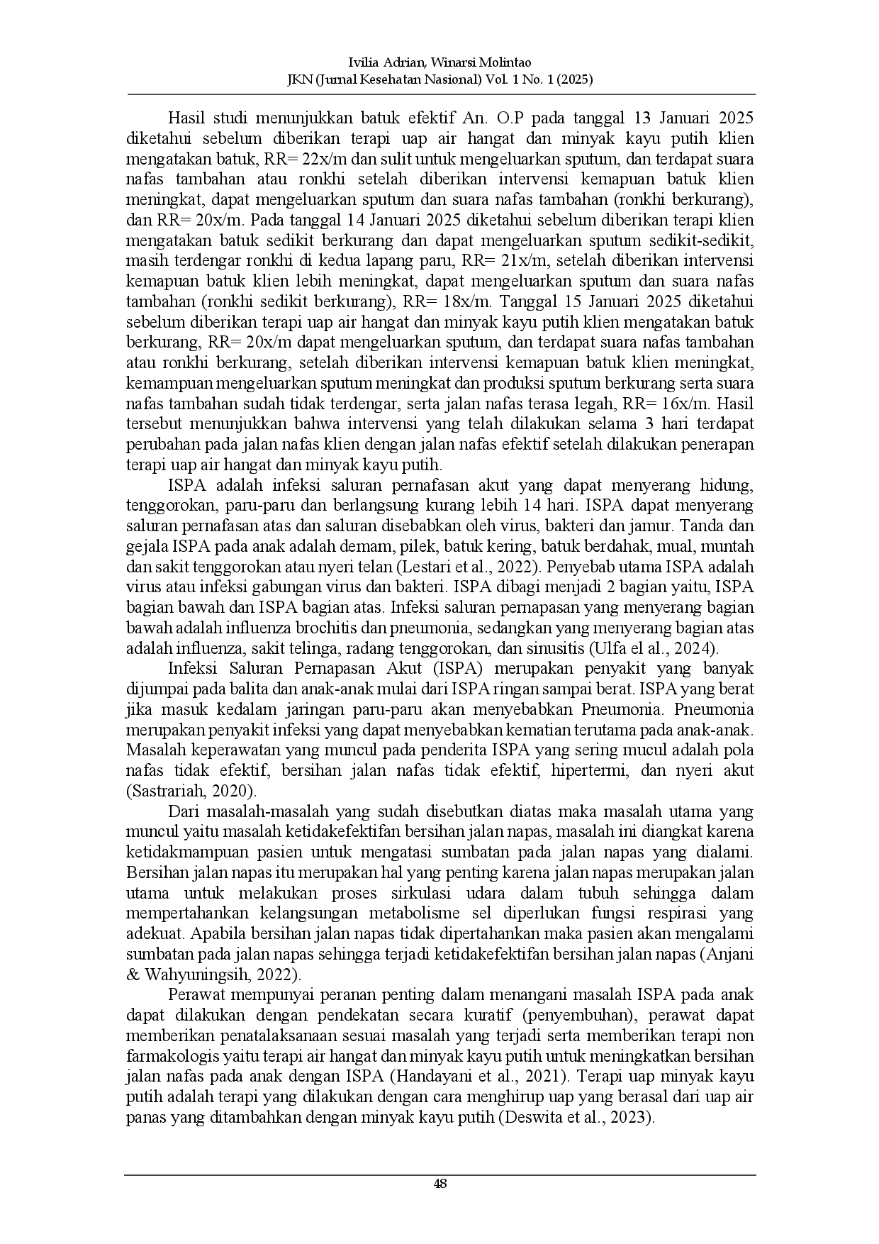 juris Intervensi Uap Air Hangat dan Minyak Kayu Putih pada Anak dengan Infeksi Saluran Pernapasan Atas ISPA
