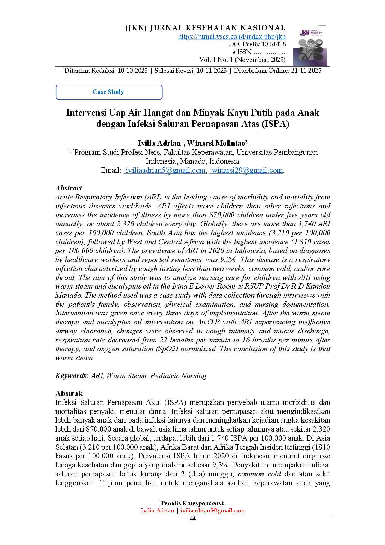 juris Intervensi Uap Air Hangat dan Minyak Kayu Putih pada Anak dengan Infeksi Saluran Pernapasan Atas ISPA