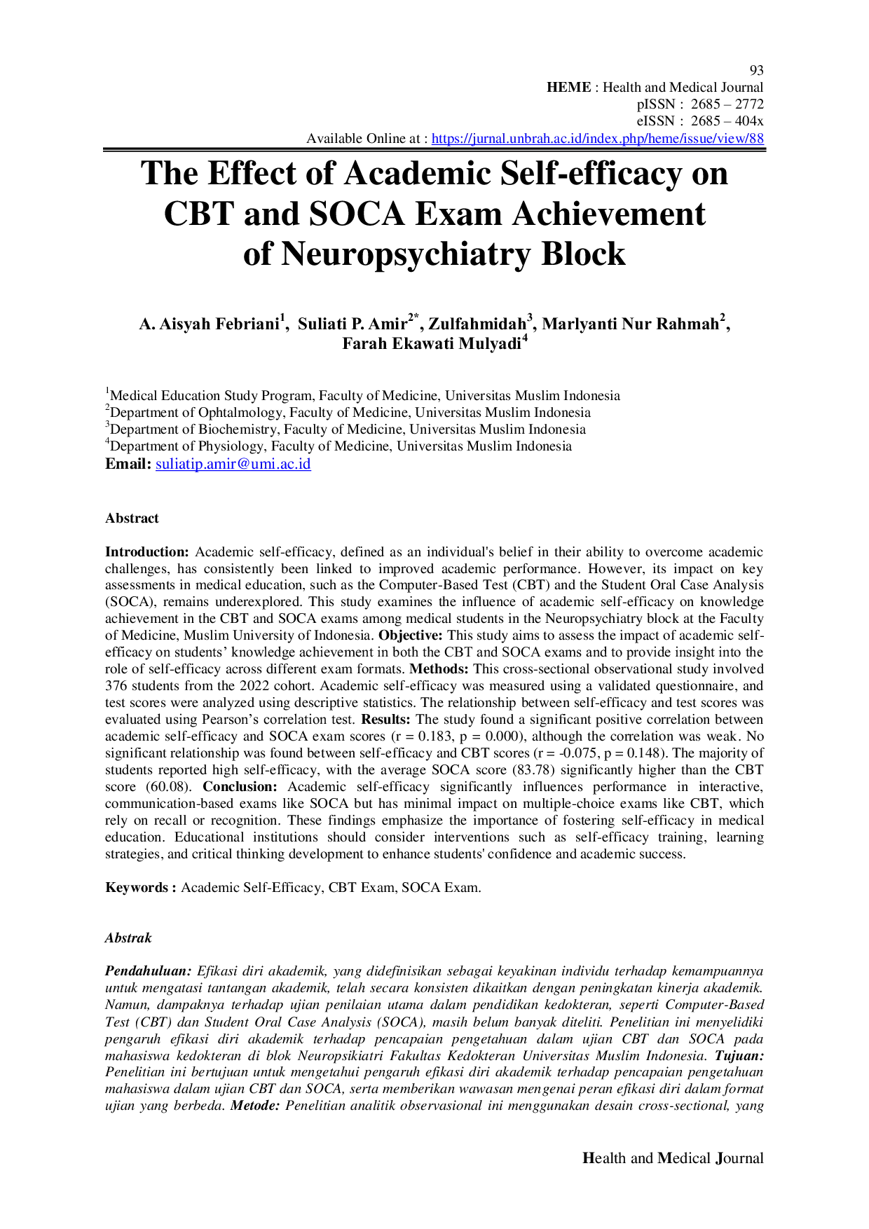 JURIS The Effect of Academic Self efficacy on CBT and SOCA Exam Achievement of Neuropsychiatry Block