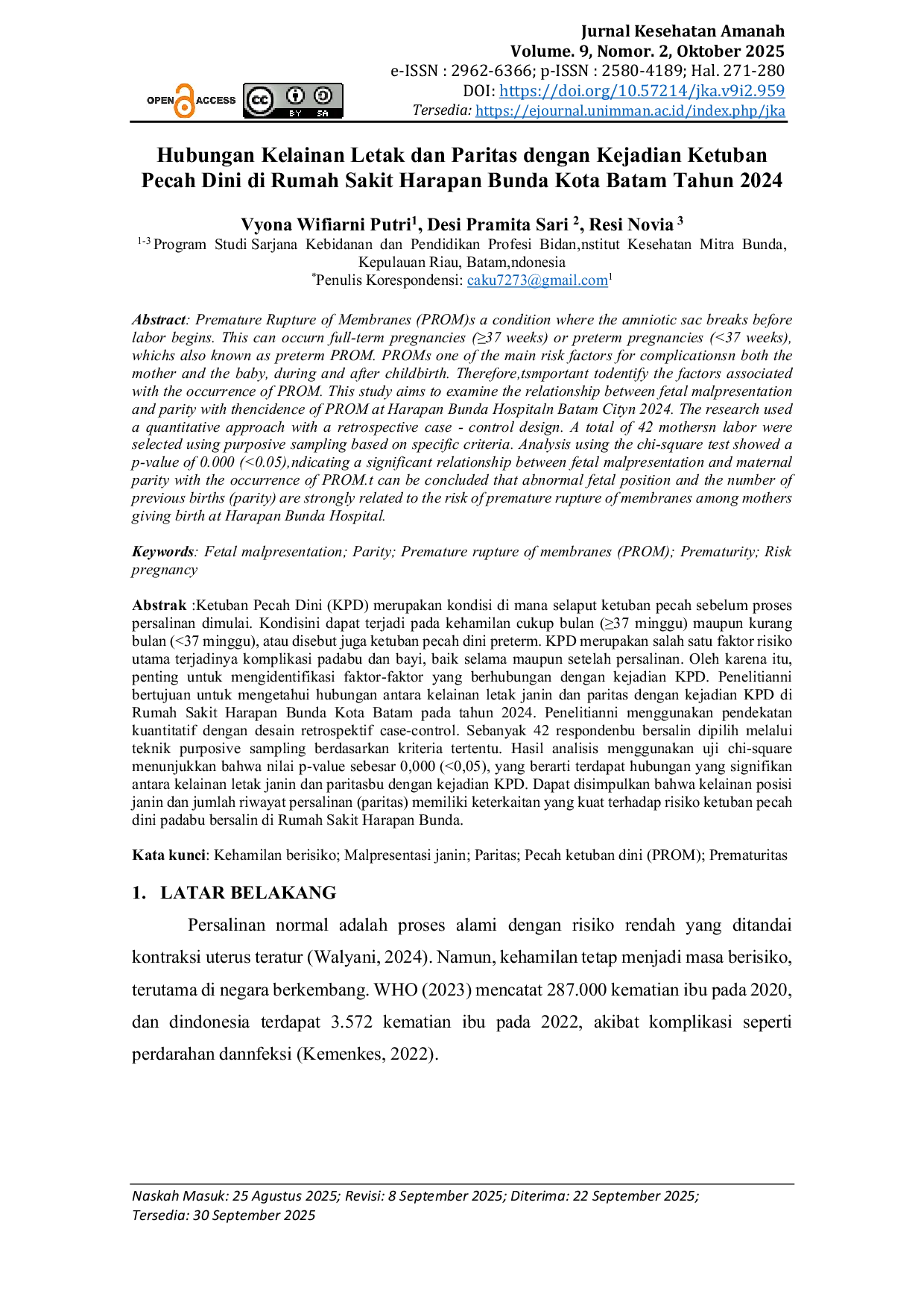 JURIS Hubungan Kelainan Letak Dan Paritas Dengan Kejadian Ketuban Pecah Dini Di Rumah Sakit Harapan Bunda Kota Batam Tahun 2024