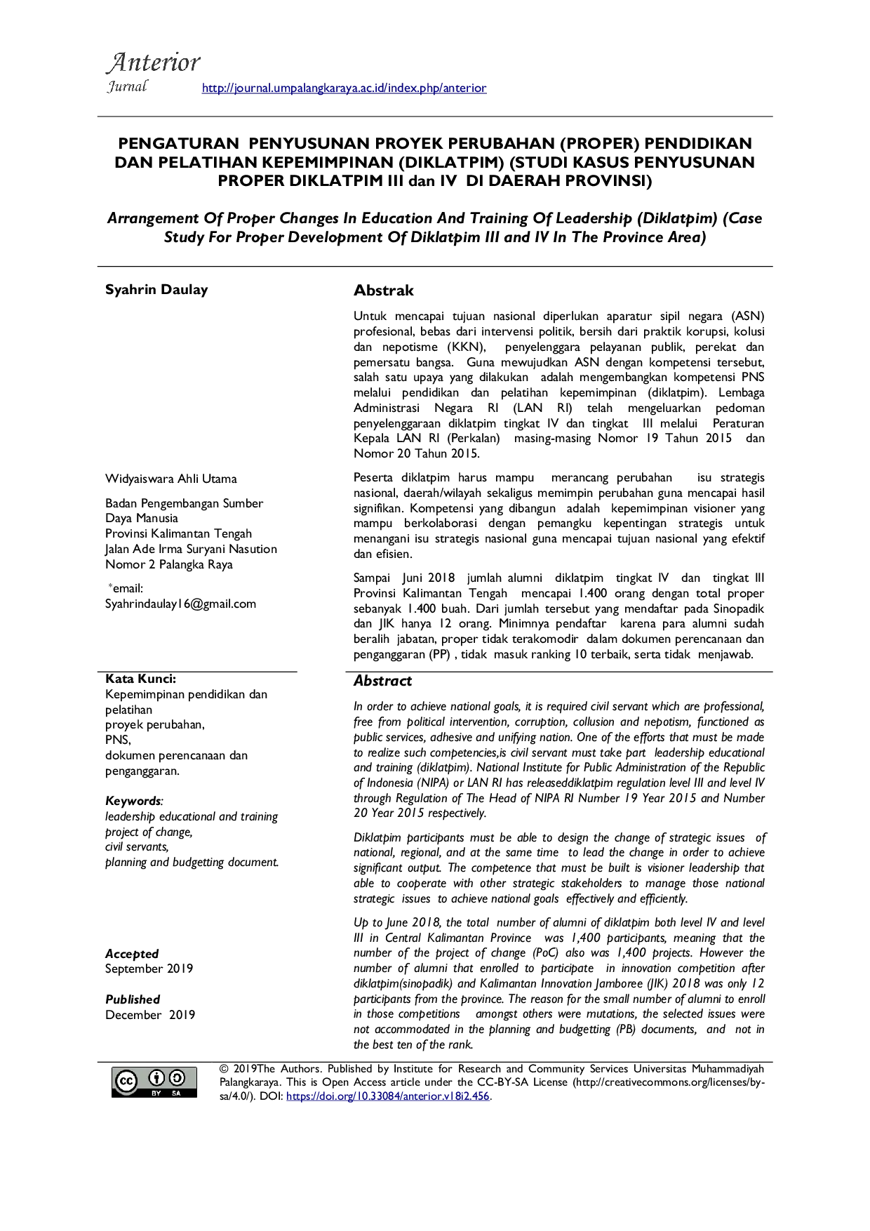 JURIS Pengaturan Penyusunan Proyek Perubahan Pendidikan dan Pelatihan Kepemimpinan Studi Kasus Penyusunan Proper Diklatpim III dan IV di Daerah Provinsi