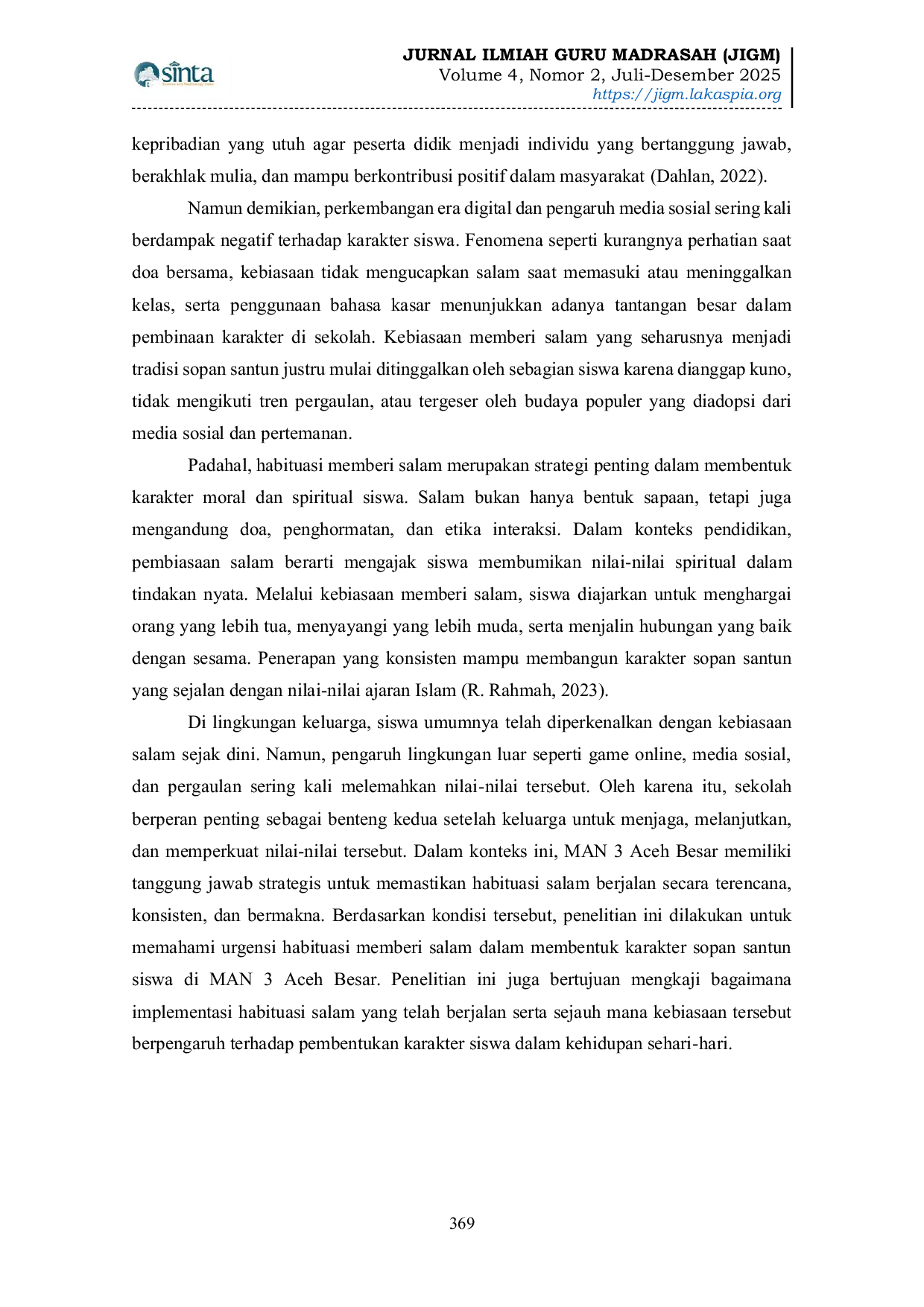 JURIS Habituasi Memberi Salam sebagai Strategi Pembentukan Karakter Sopan Santun Siswa di MAN 3 Aceh Besar
