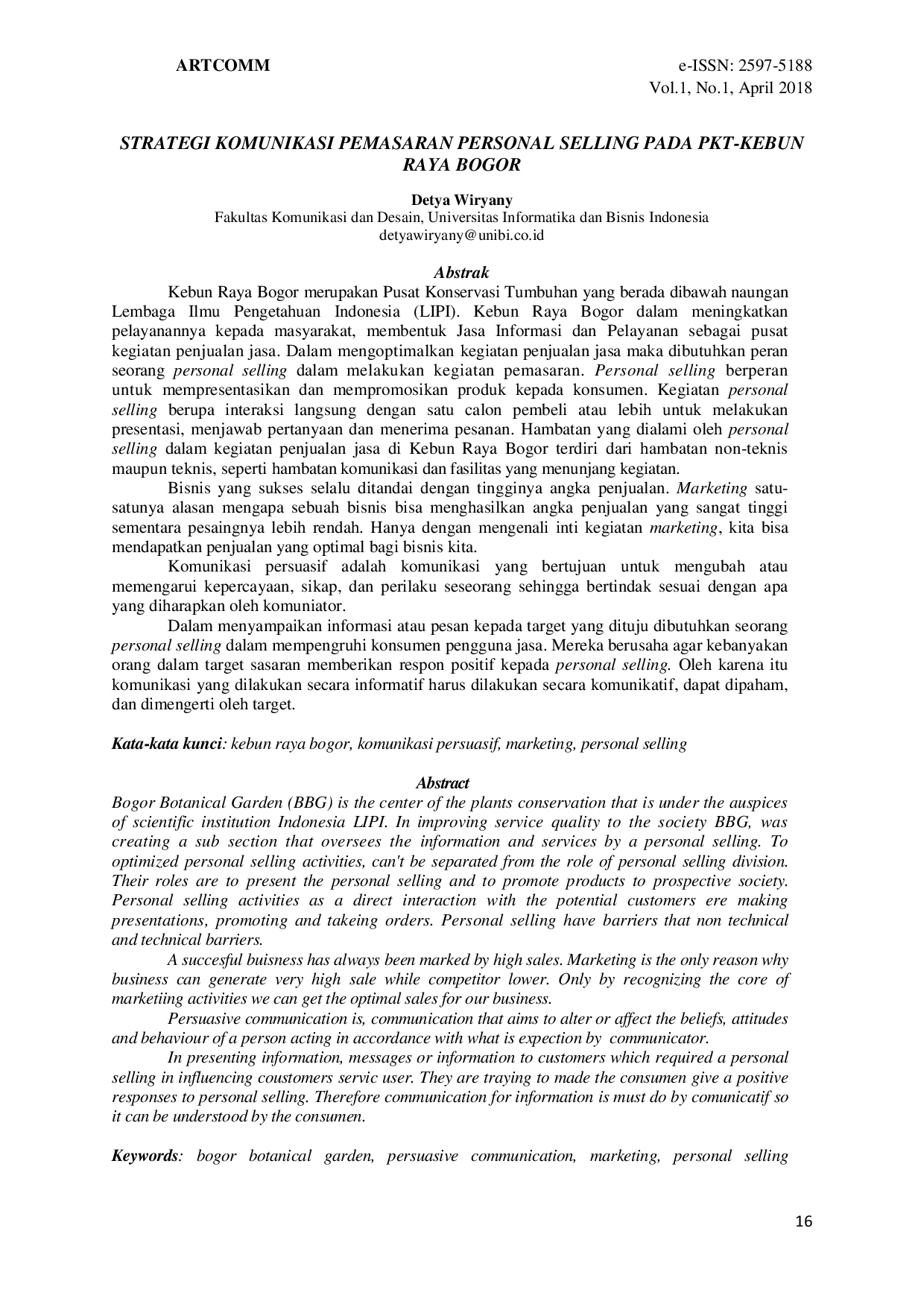 JURIS Strategi Komunikasi Pemasaran Personal Selling pada PKT Kebun Raya Bogor