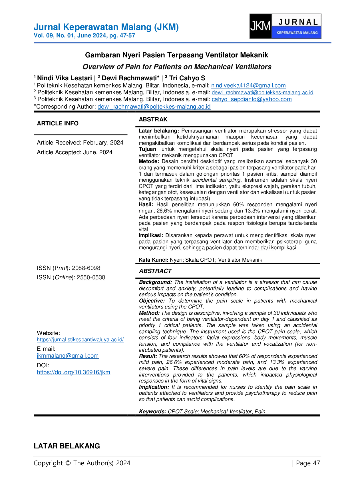 JURIS Gambaran Nyeri Pasien Terpasang Ventilator Mekanik