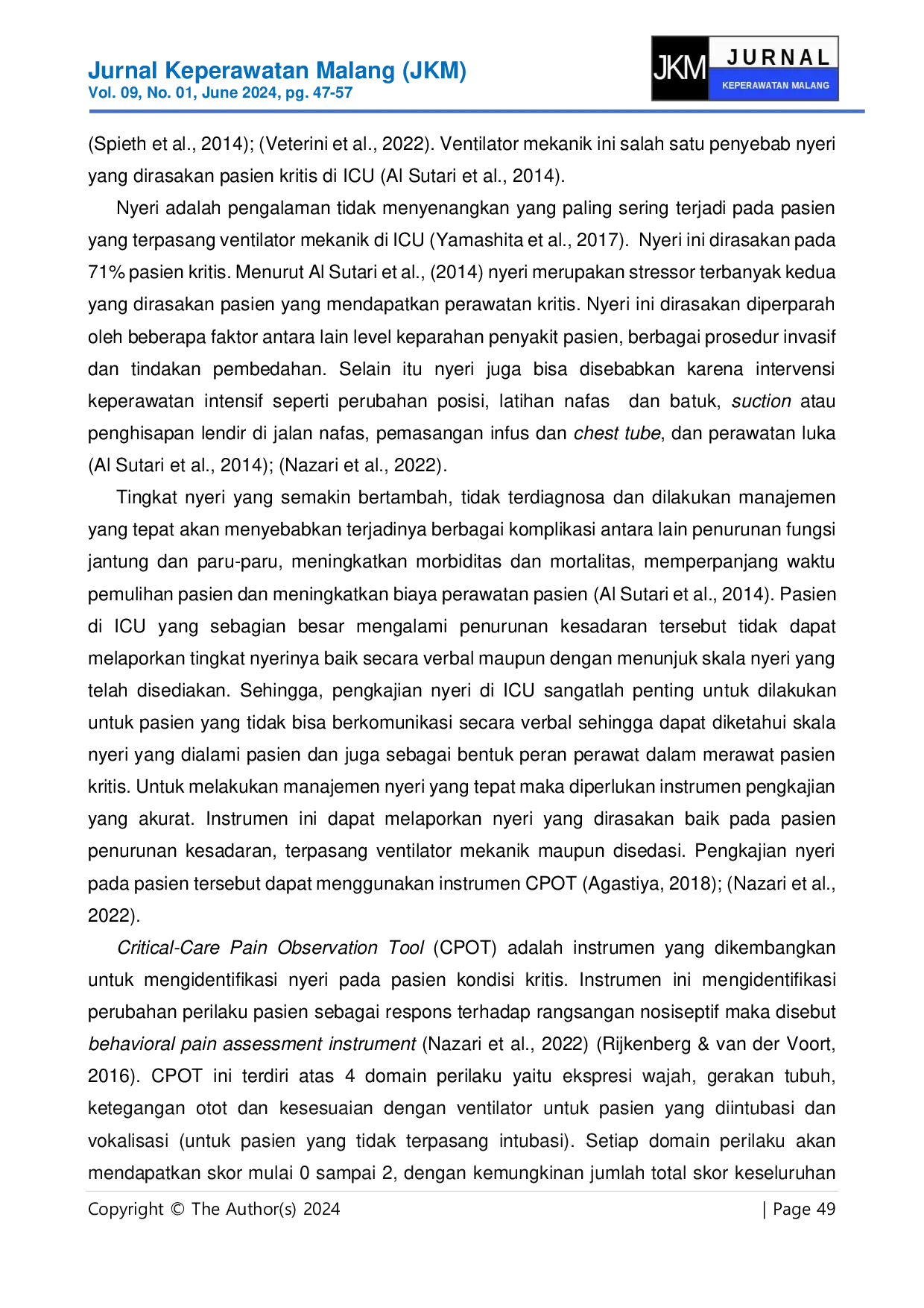 JURIS Gambaran Nyeri Pasien Terpasang Ventilator Mekanik