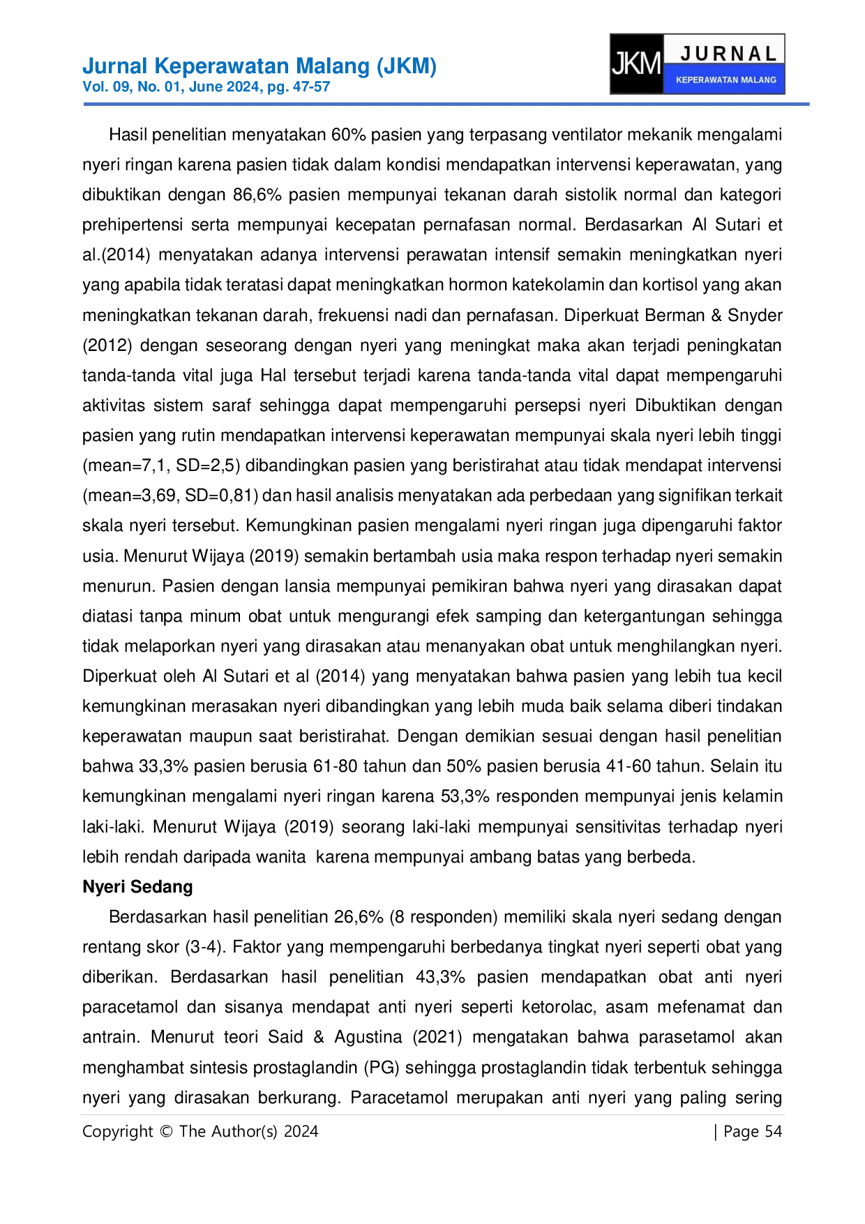 JURIS Gambaran Nyeri Pasien Terpasang Ventilator Mekanik