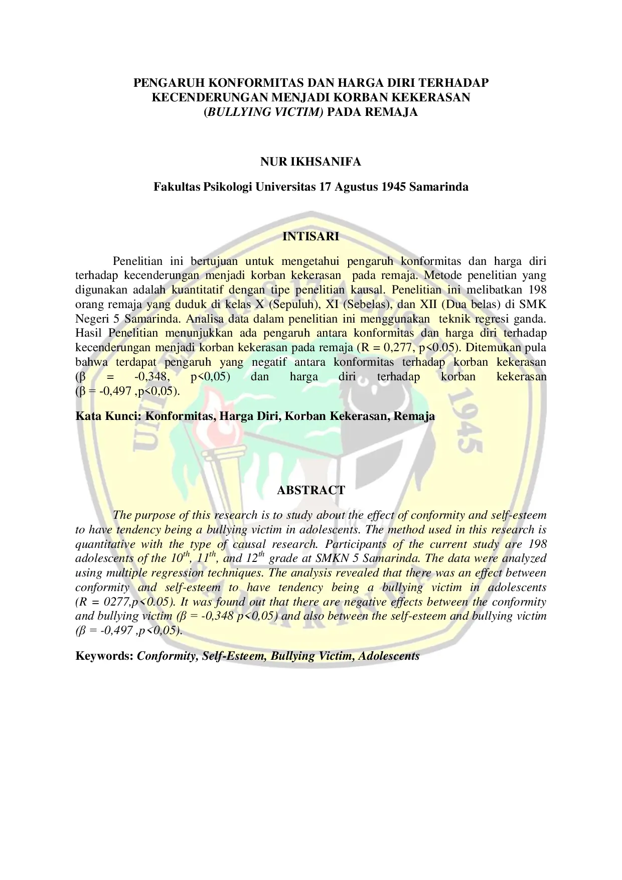 JURIS The Influence of Conformity and Self Esteem on the Tendency to Become a Bullying Victim in Adolescents