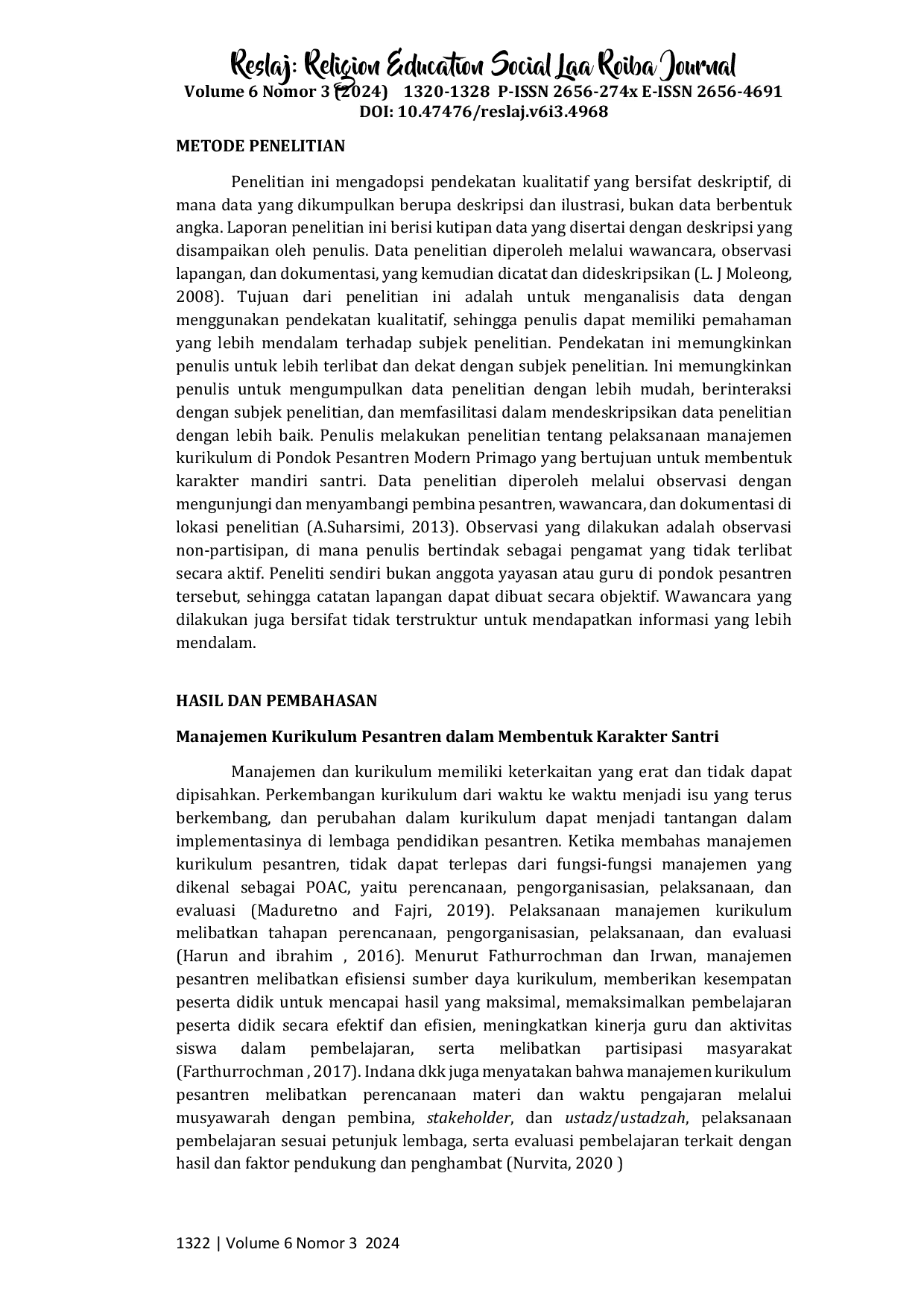 JURIS Implementasi Manajemen Kurikulum Pesantren dalam Membentuk Karakter Mandiri Santri