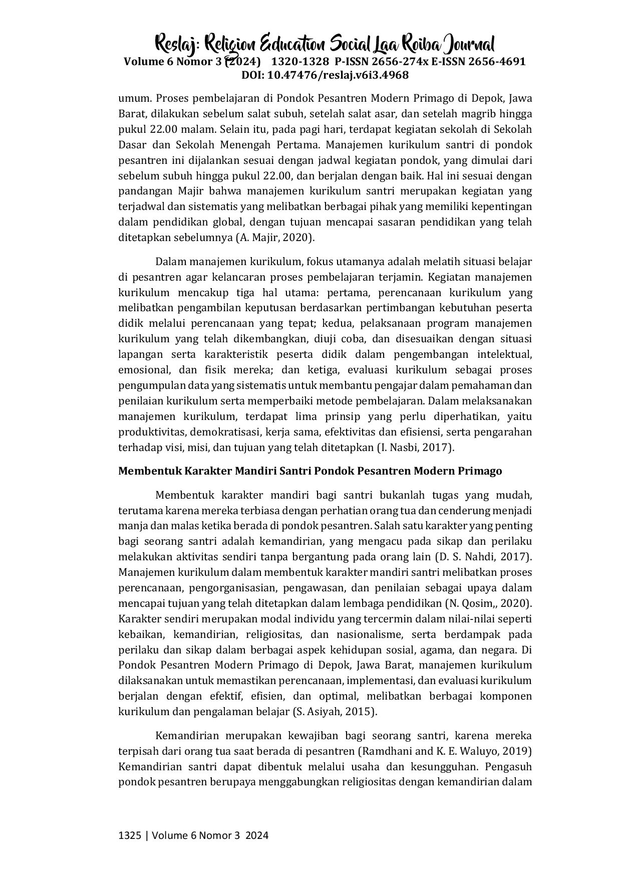 JURIS Implementasi Manajemen Kurikulum Pesantren dalam Membentuk Karakter Mandiri Santri