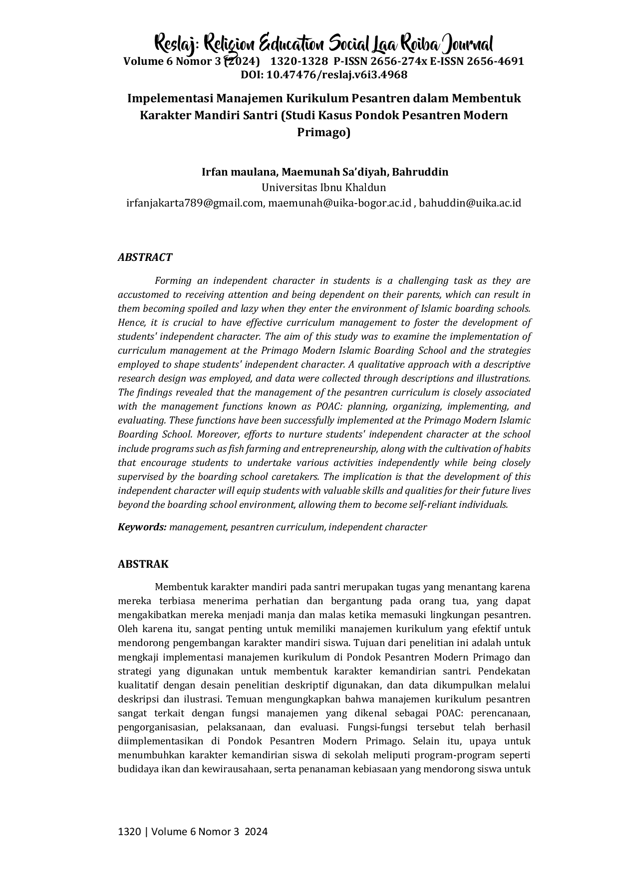 JURIS Implementasi Manajemen Kurikulum Pesantren dalam Membentuk Karakter Mandiri Santri