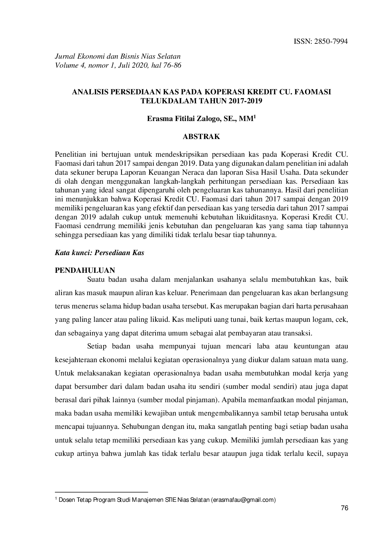 JURIS Erasma F Zalogo ANALISIS PERSEDIAAN KAS PADA KOPERASI KREDIT CU FAOMASI TELUKDALAM TAHUN 2017 2019