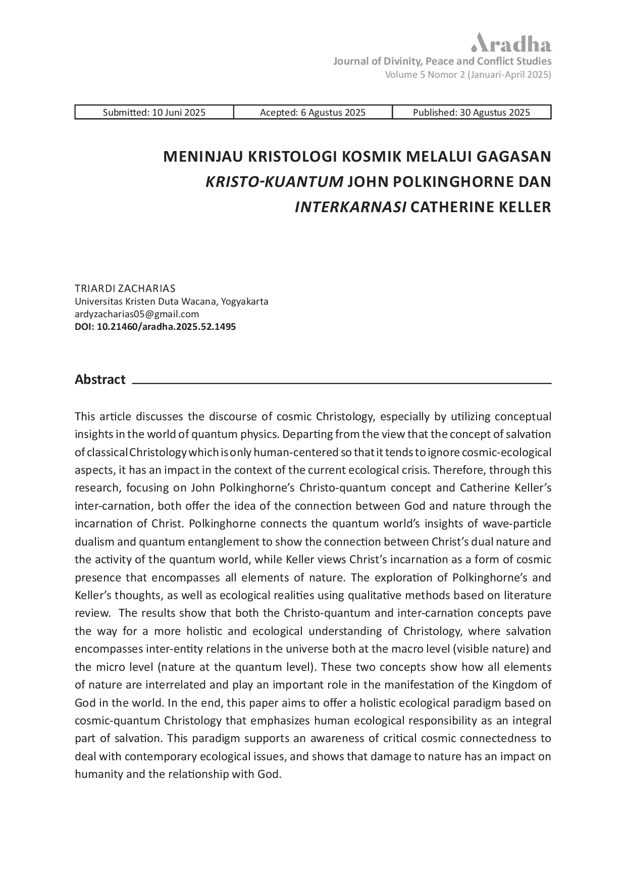JURIS Meninjau Kristologi Kosmik melalui Gagasan Kristo Kuantum John Polkinghorne dan Interkarnasi Catherine Keller