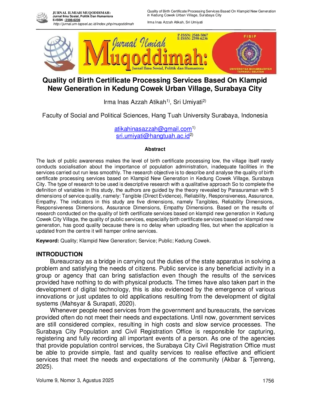 JURIS Quality of Birth Certificate Processing Services Based On Klampid New Generation in Kedung Cowek Urban Village Surabaya City