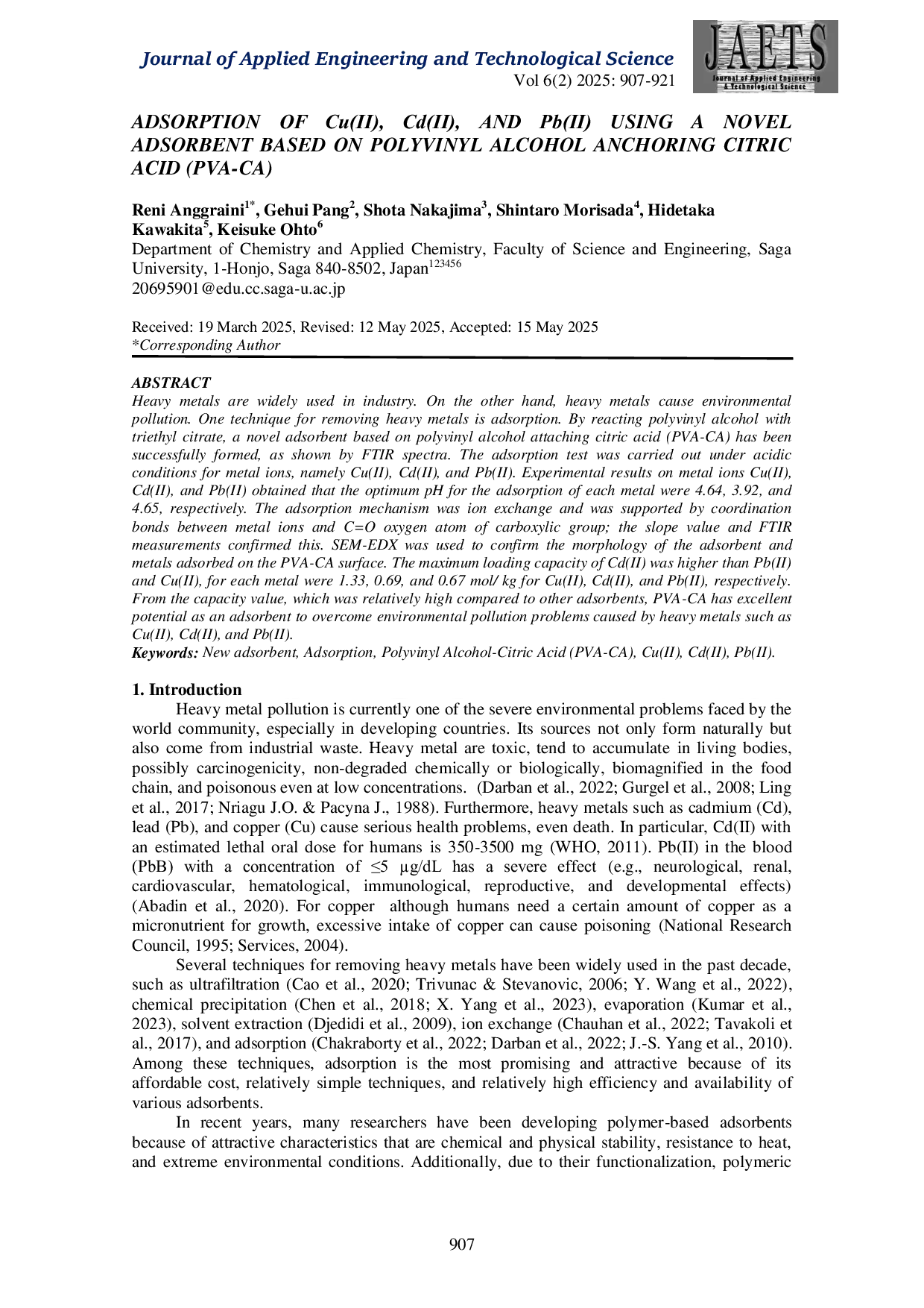 JURIS Adsorption of Cu II Cd II and Pb II Using a Novel Adsorbent Based on Polyvinyl Alcohol Anchoring Citric Acid PVA CA