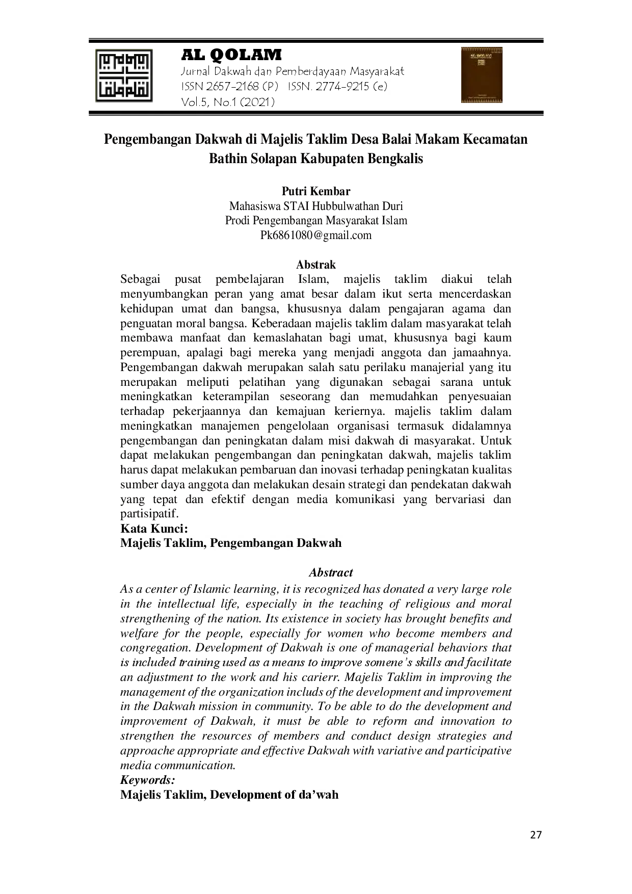 juris Pengembangan Dakwah di Majelis Taklim Desa Balai Makam Kecamatan Bathin Solapan Kabupaten Bengkalis
