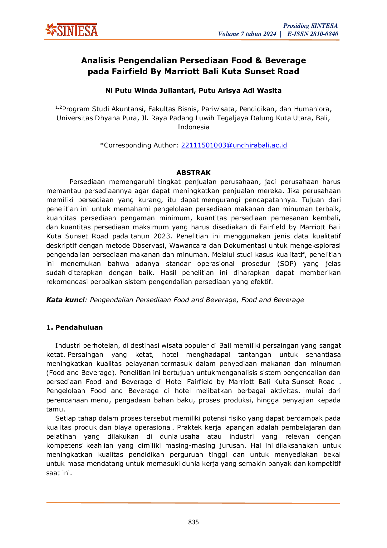 JURIS Analisis Pengendalian Persediaan Food Beverage pada Fairfield By Marriott Bali Kuta Sunset Road