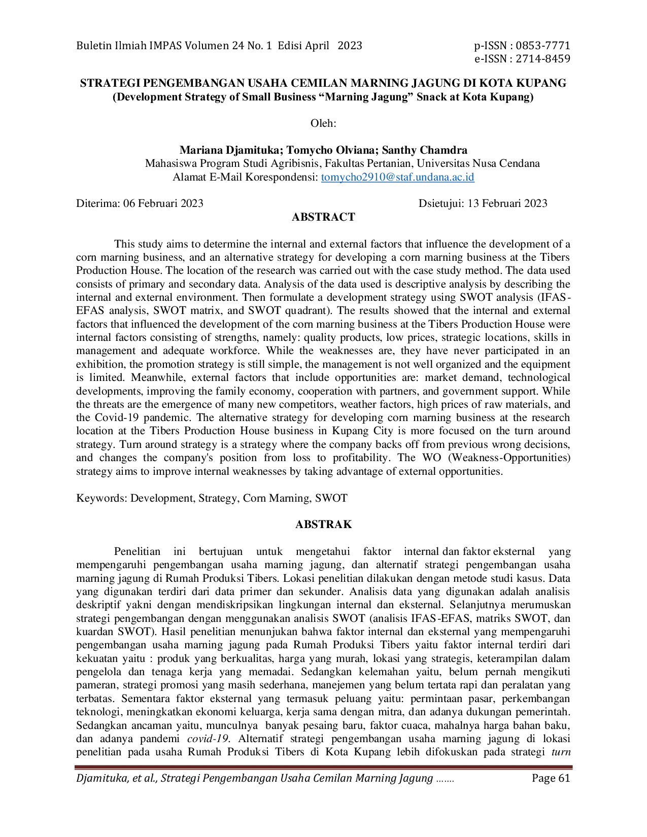 JURIS Strategi Pengembangan Usaha Cemilan Marning Jagung di Kota Kupang