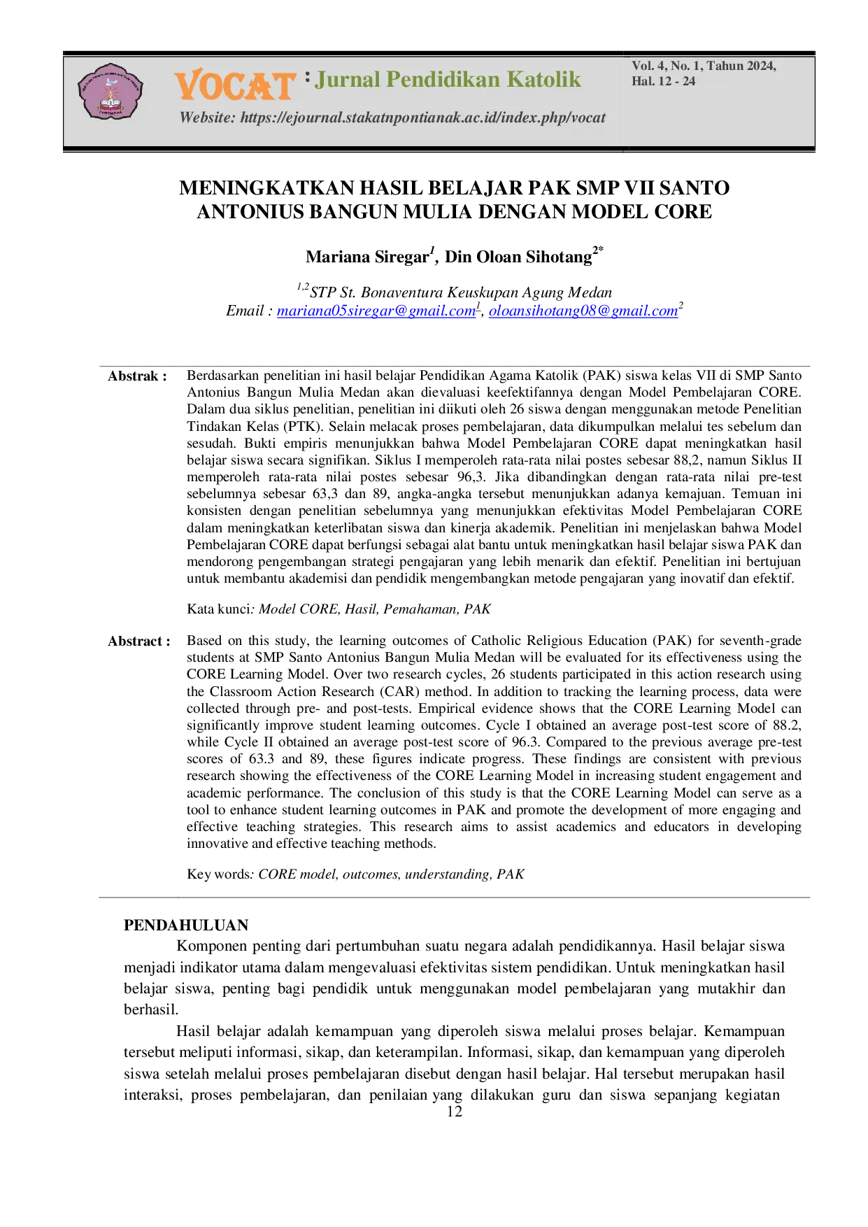 JURIS Meningkatkan Hasil Belajar PAK SMP VII Santo Antonius Bangun Mulia dengan Model Core