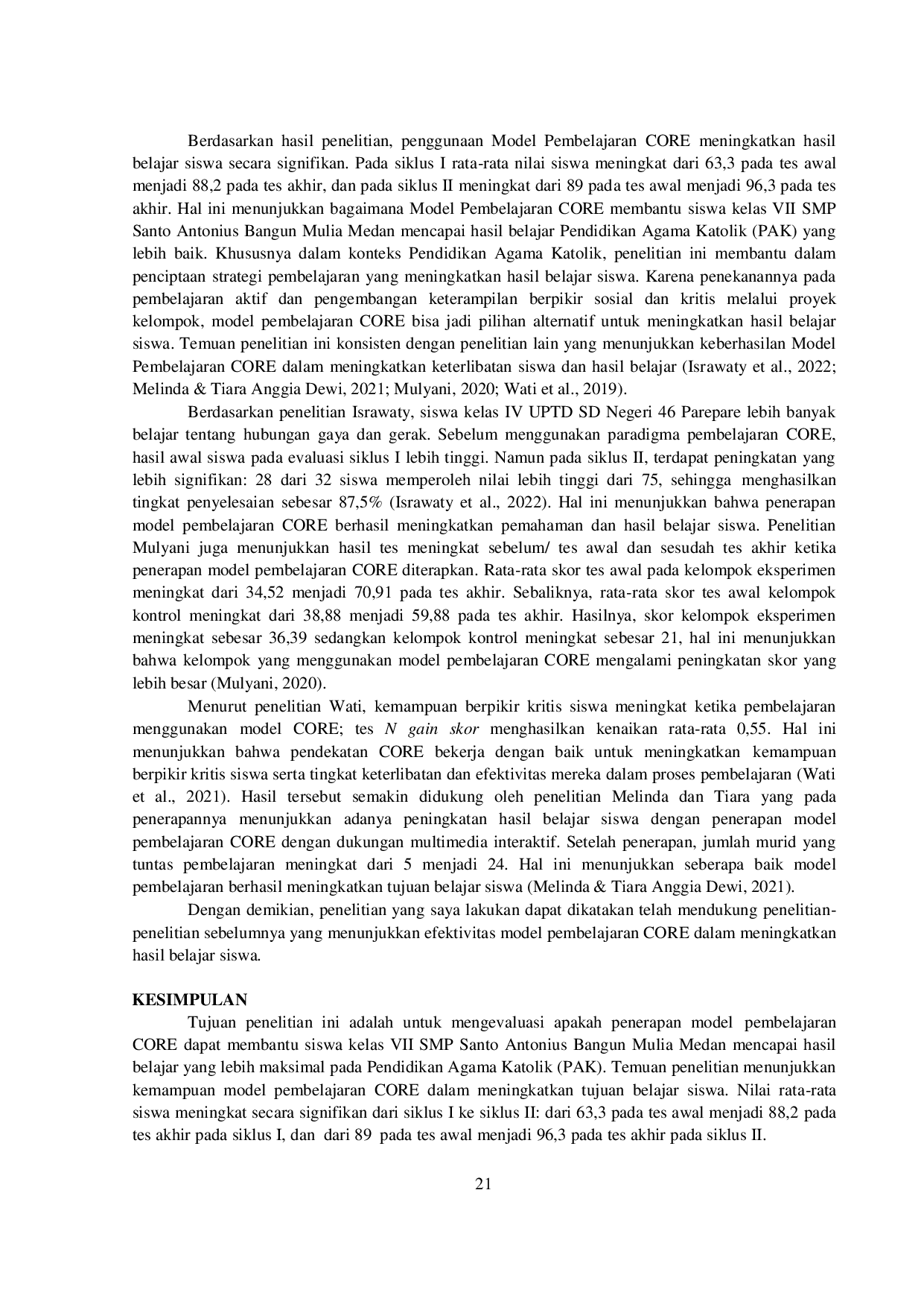 JURIS Meningkatkan Hasil Belajar PAK SMP VII Santo Antonius Bangun Mulia dengan Model Core