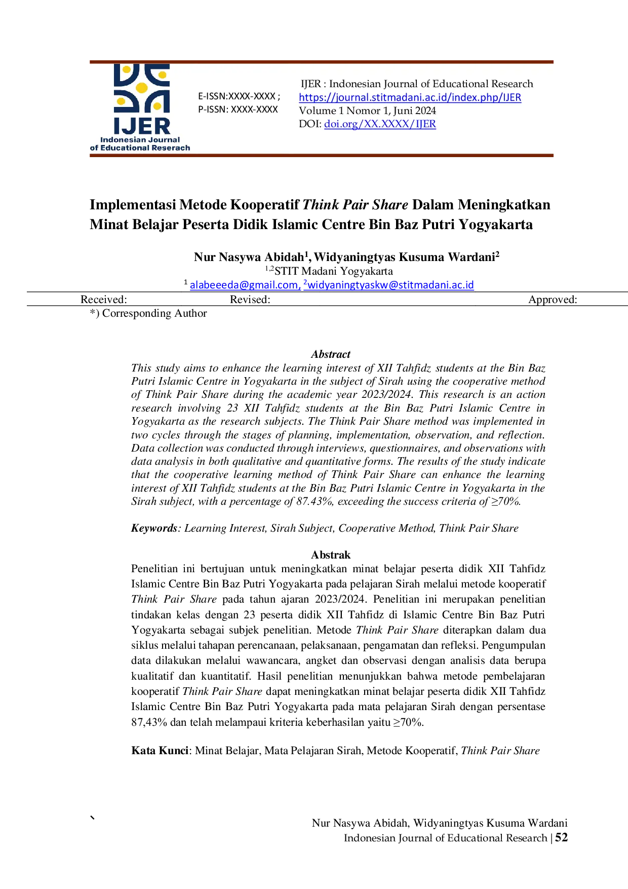 JURIS Implementasi Metode Kooperatif Think Pair Share Dalam Meningkatkan Minat Belajar Peserta Didik Islamic Centre Bin Baz Putri Yogyakarta