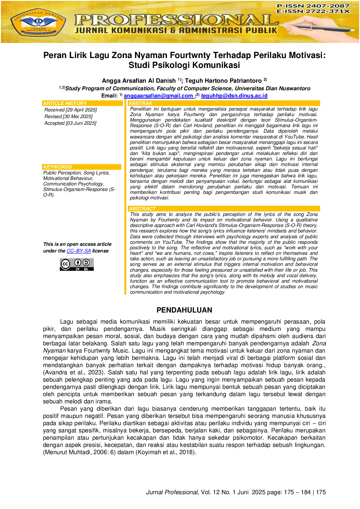 JURIS Peran Lirik Lagu Zona Nyaman Fourtwnty terhadap Perilaku Motivasi Studi Psikologi Komunikasi