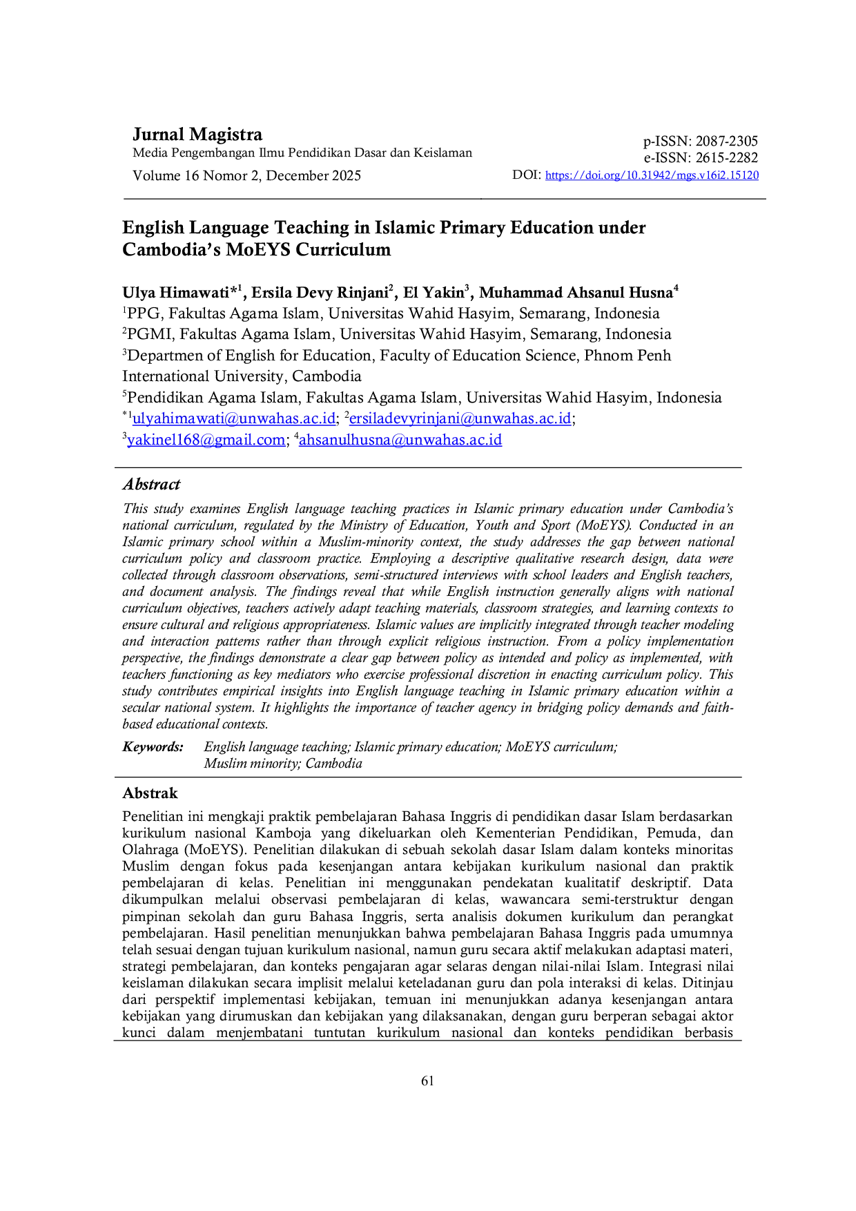 JURIS English Language Teaching in Islamic Primary Education under Cambodia s MoEYS Curriculum