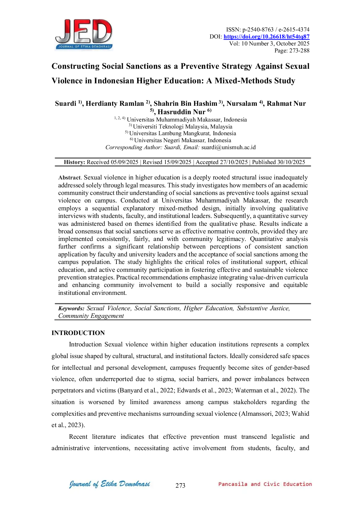 JURIS Constructing Social Sanctions as a Preventive Strategy Against Sexual Violence in Indonesian Higher Education A Mixed Methods Study