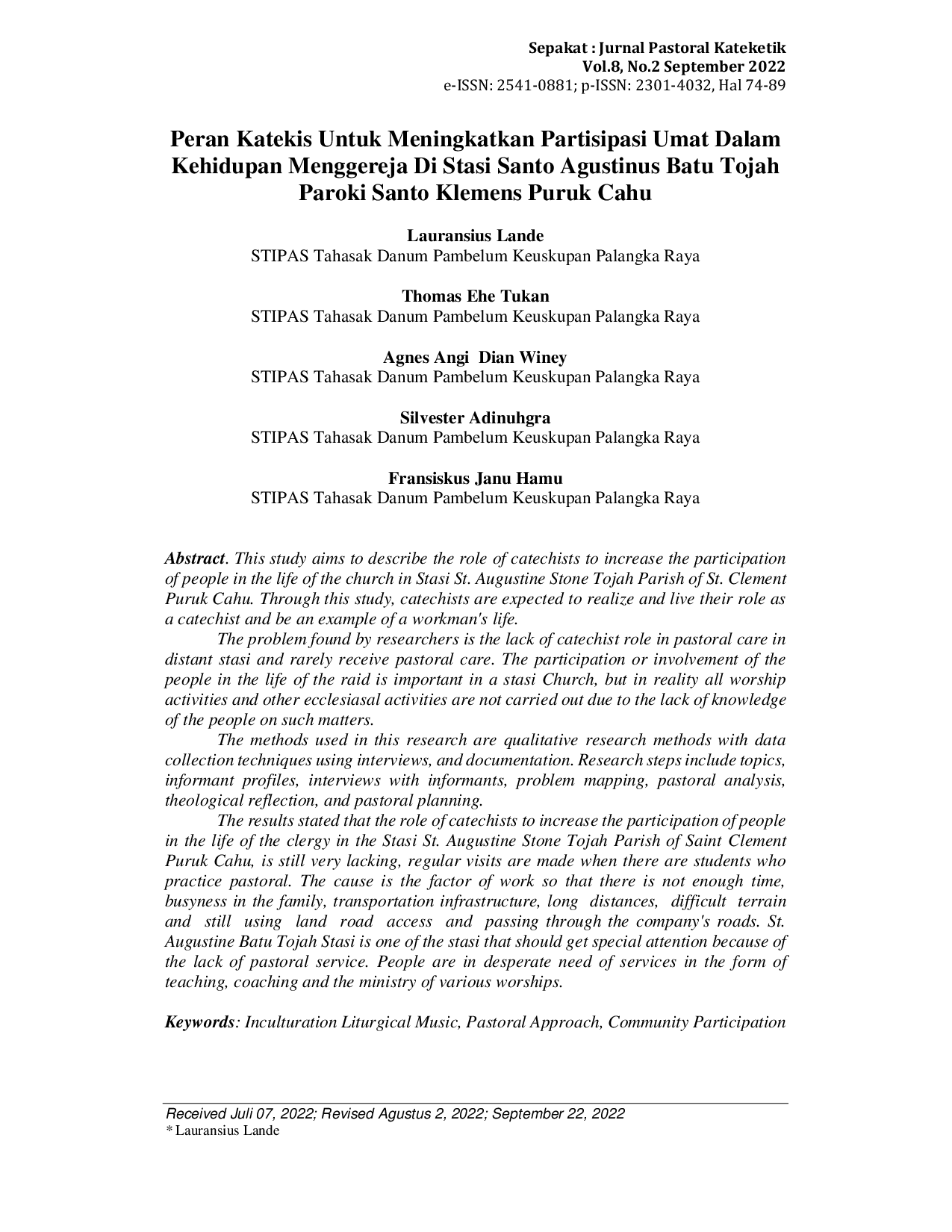 JURIS Peran Katekis Untuk Meningkatkan Partisipasi Umat Dalam Kehidupan Menggereja Di Stasi Santo Agustinus Batu Tojah Paroki Santo Klemens Puruk Cahu