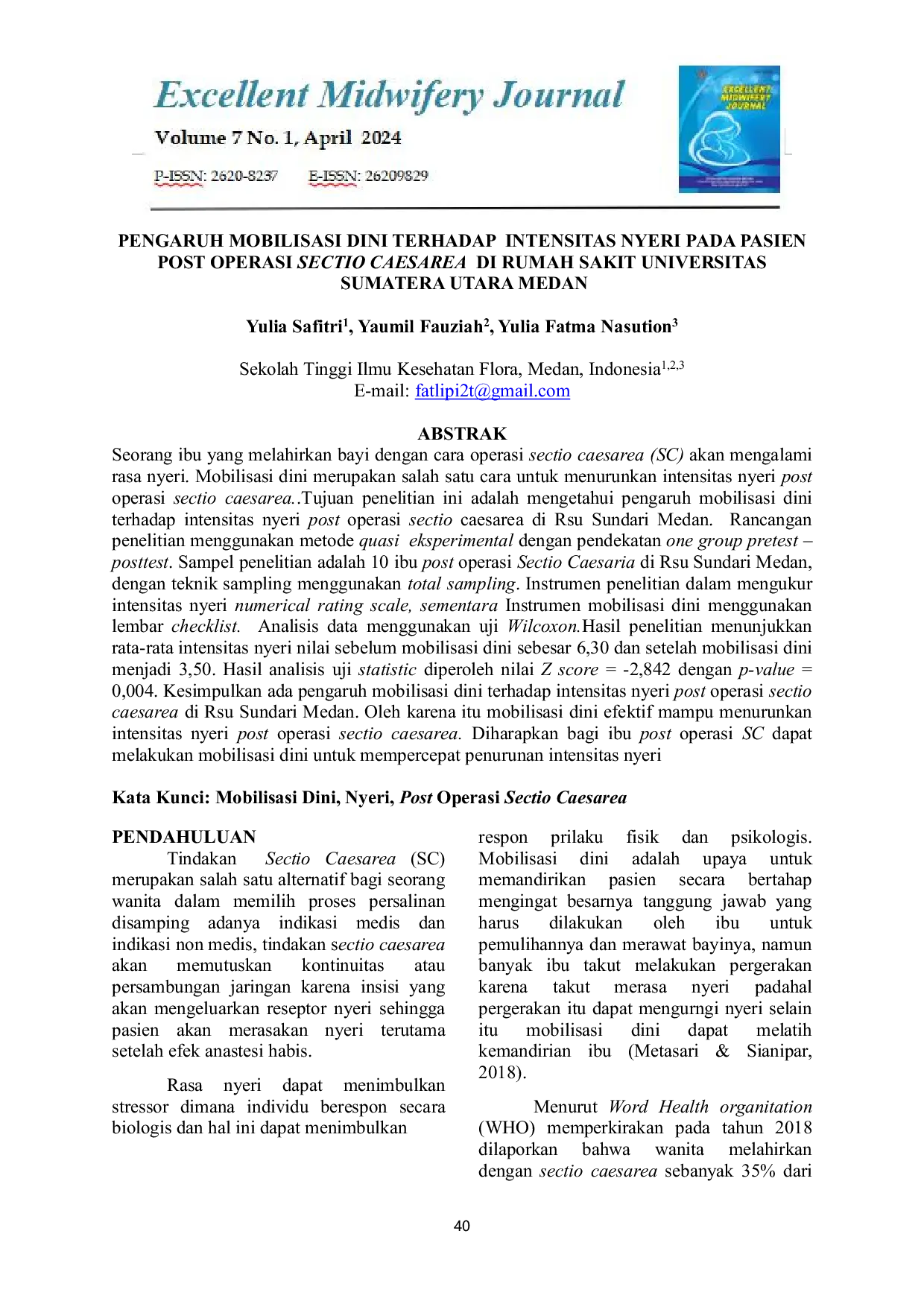 JURIS Pengaruh Mobilisasi Dini Terhadap Intensitas Nyeri Pada Pasien Post Operasi Sectio Caesarea Di Rumah Sakit Universitas Sumatera Utara Medan