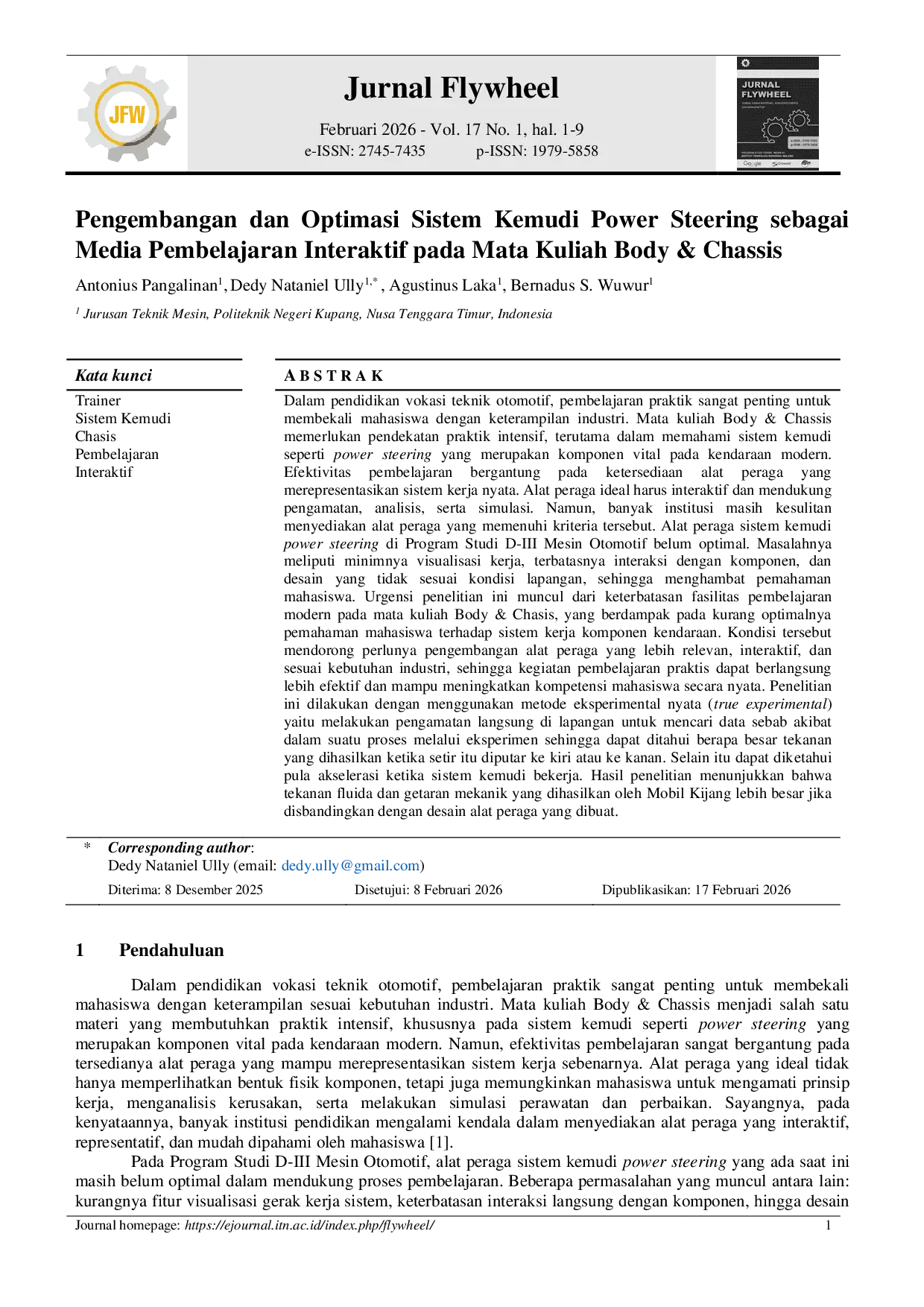 JURIS Pengembangan dan Optimasi Sistem Kemudi Power Steering sebagai Media Pembelajaran Interaktif pada Mata Kuliah Body Chassis