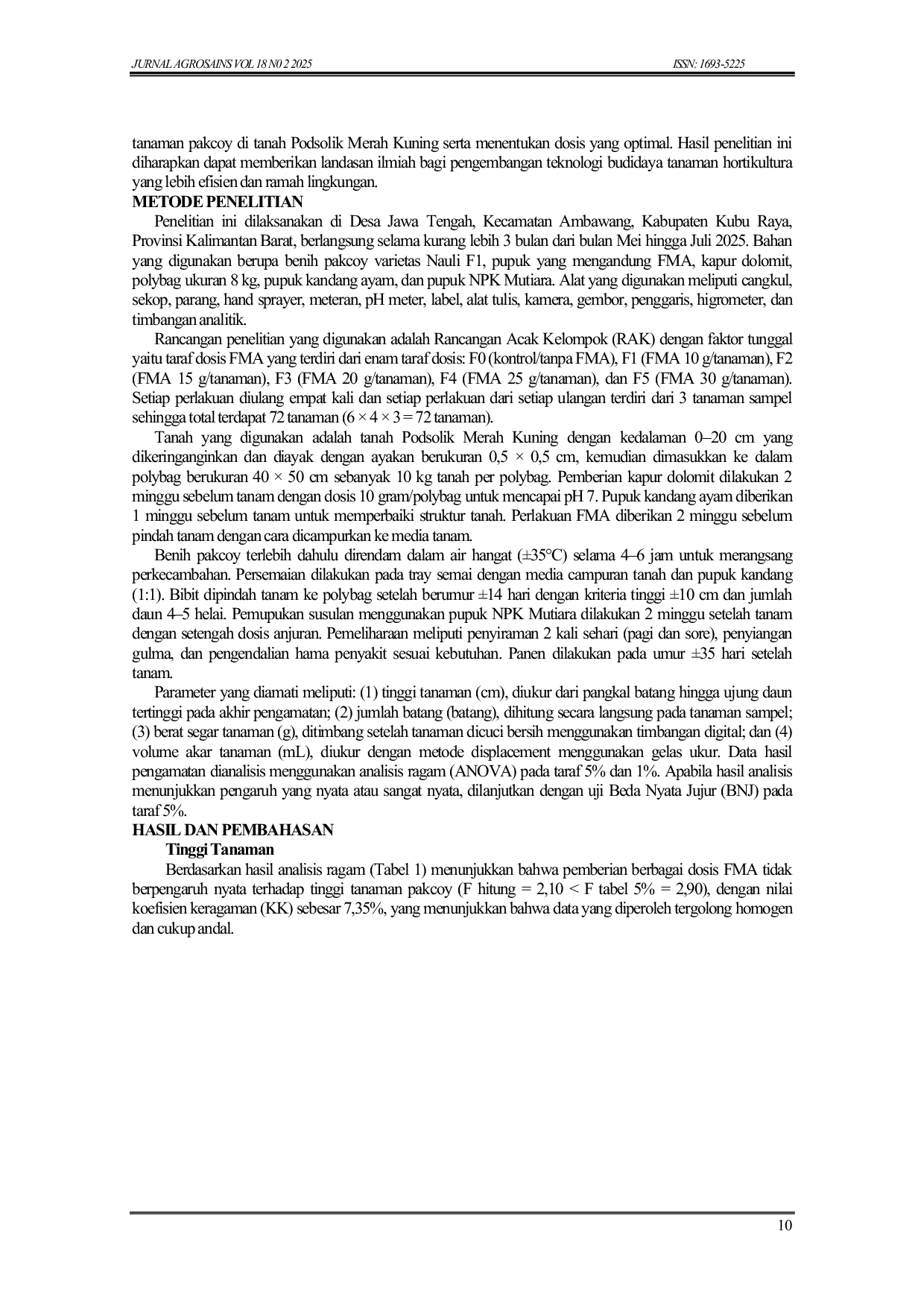 JURIS Pengaruh Pemberian Fungi Mikoriza Arbuskula FMA Terhadap Pertumbuhan dan Hasil Tanaman Pakcoy Brassica rapa L di Tanah Podsolik Merah Kuning