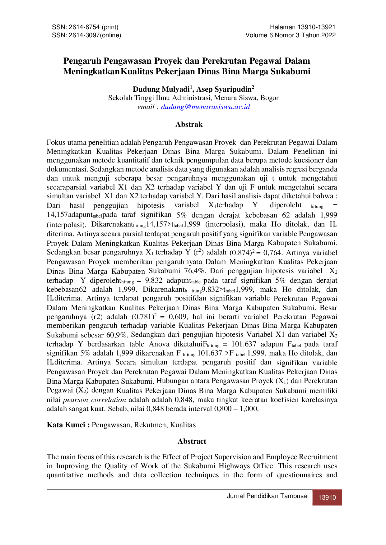 JURIS Pengaruh Pengawasan Proyek dan Perekrutan Pegawai Dalam Meningkatkan Kualitas Pekerjaan Dinas Bina Marga Sukabumi