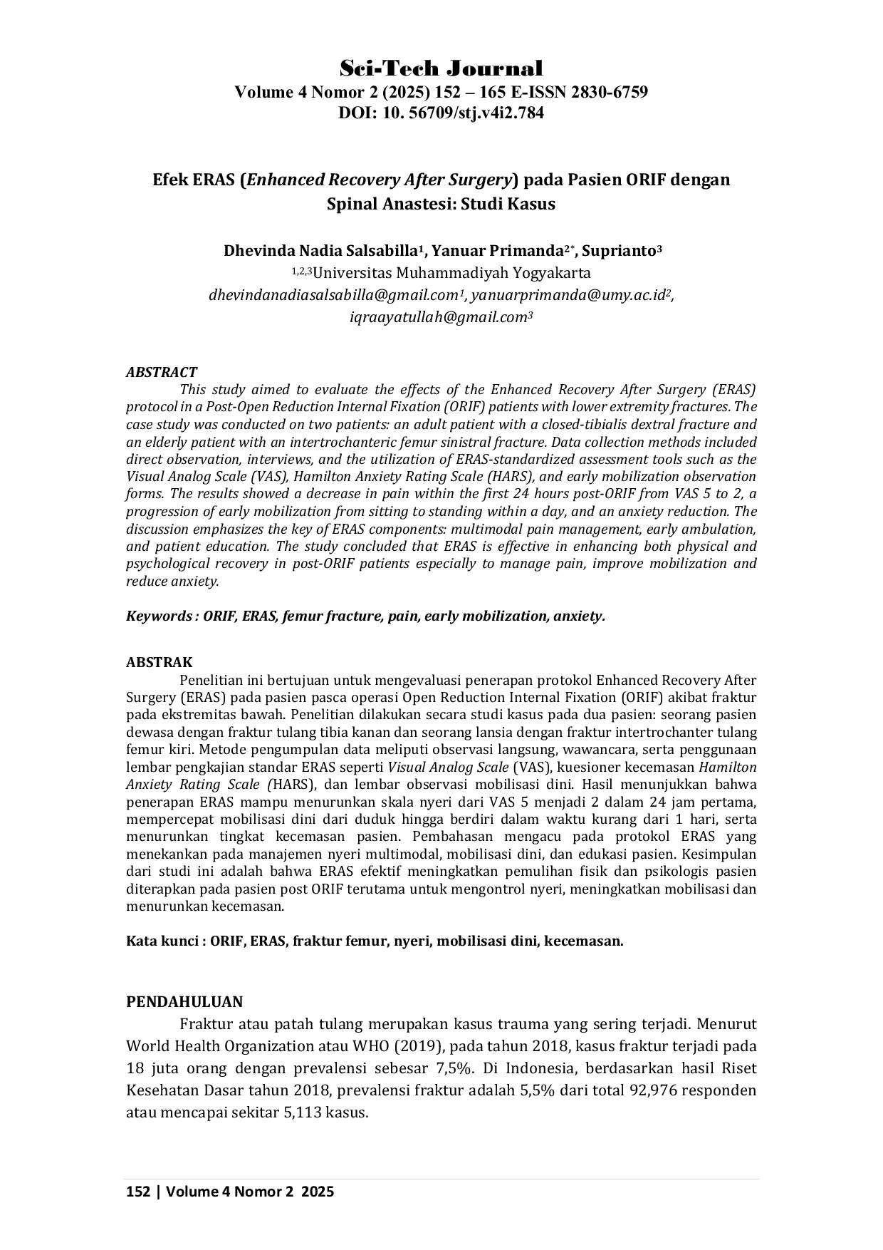 JURIS Efek ERAS Enhanced Recovery After Surgery pada Pasien ORIF dengan Spinal Anastesi Studi Kasus