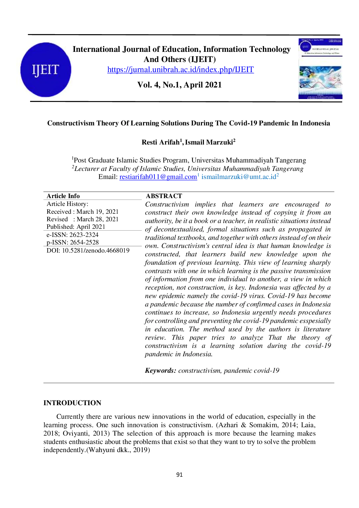 JURIS Constructivism Theory of Learning Solutions During the Covid 19 Pandemic in Indonesia