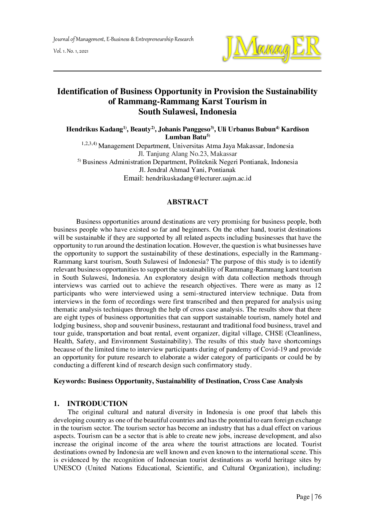 JURIS Identification of Business Opportunity in Provision the Sustainability of Rammang Rammang Karst Tourism in South Sulawesi Indonesia
