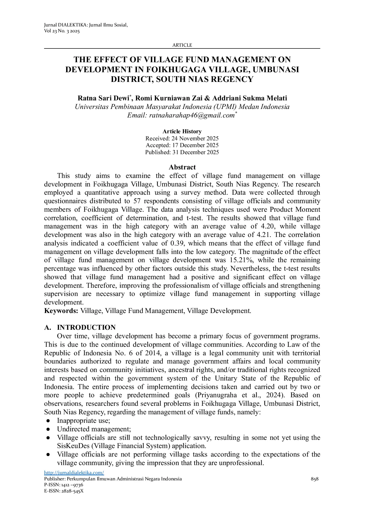 JURIS The Effect of Village Fund Management on Development in Foikhugaga Village Umbunasi District South Nias Regency