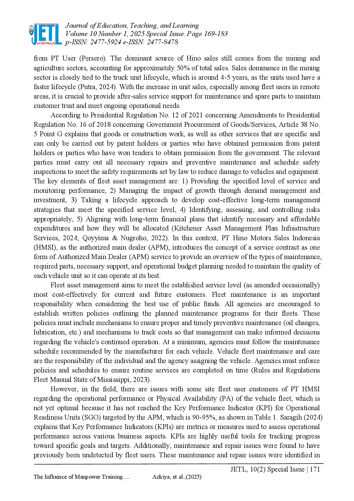 juris The Influence of Manpower Training Development on the Operational Performance of Vehicle Units in Fleet User Businesses