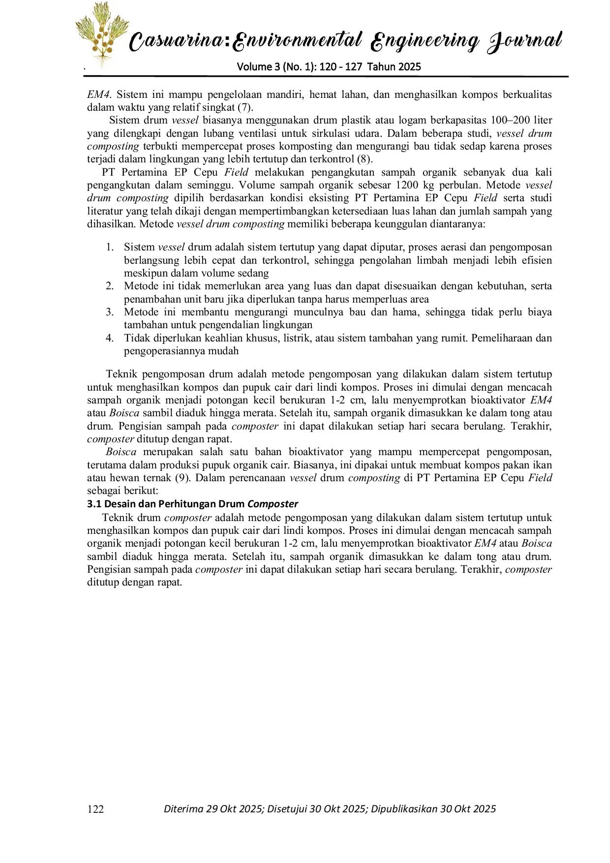 JURIS Kajian Pengelolaan Sampah Organik di PT Pertamina EP Cepu Field Menggunakan Metode Vessel Drum Composting Bahasa Indonesia