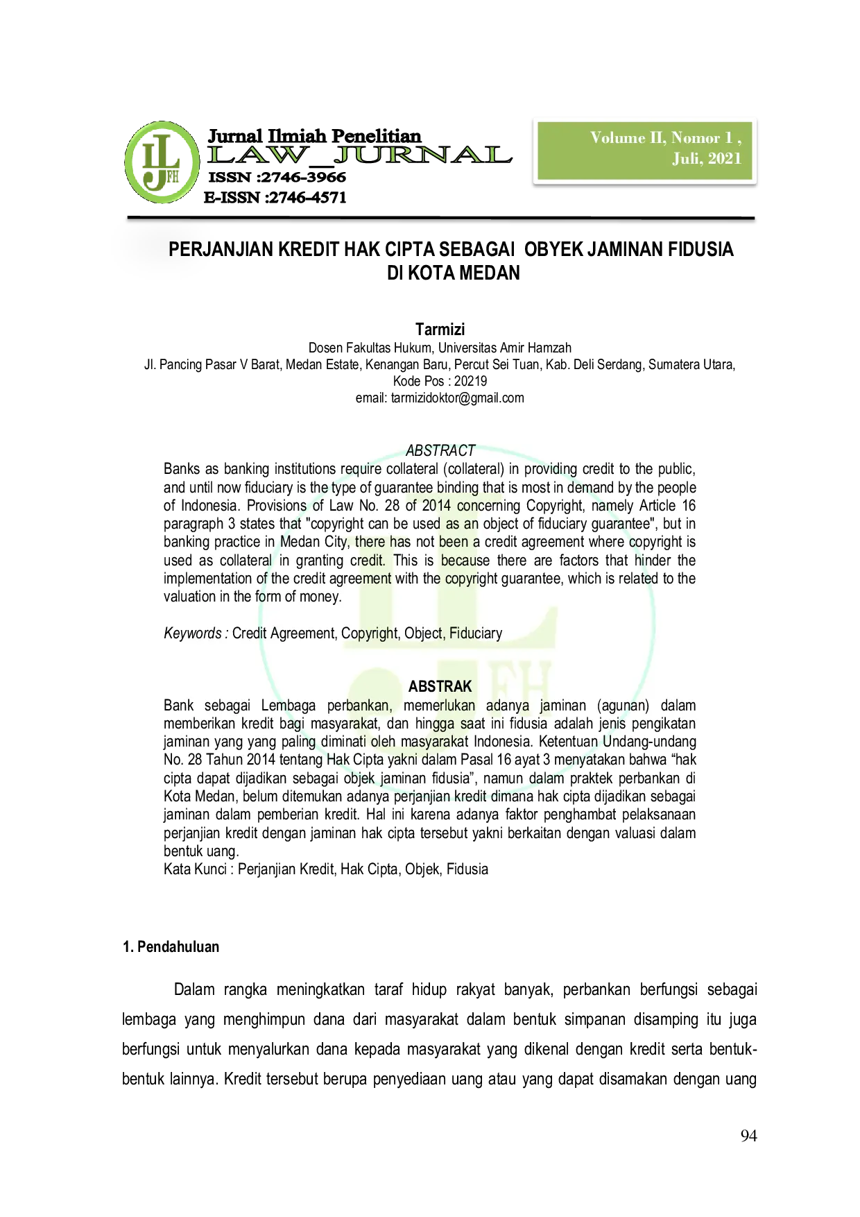JURIS Perjanjian Kredit Hak Cipta Sebagai Obyek Jaminan Fidusia di Kota Medan