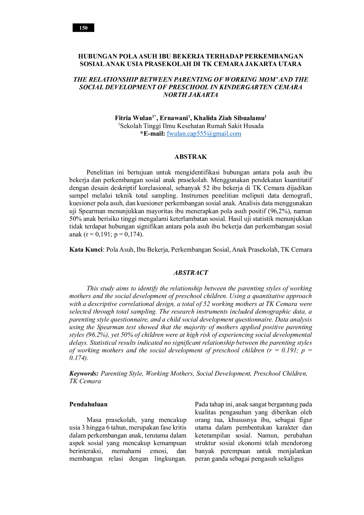 JURIS Hubungan Pola Asuh Ibu Bekerja Terhadap Perkembangan Sosial Anak Usia Prasekolah Di Tk Cemara Jakarta Utara