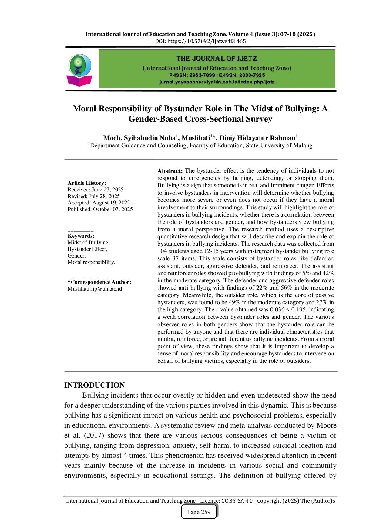 JURIS Moral Responsibility of Bystander Role in The Midst of Bullying A Gender Based Cross Sectional Survey