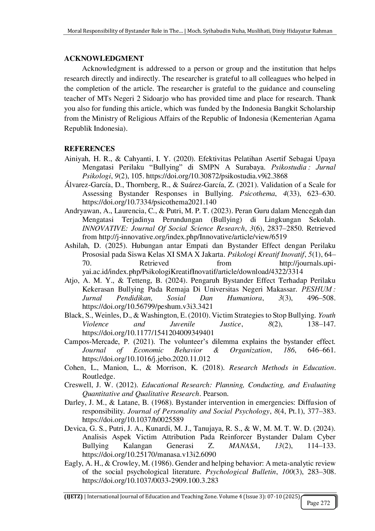 JURIS Moral Responsibility of Bystander Role in The Midst of Bullying A Gender Based Cross Sectional Survey